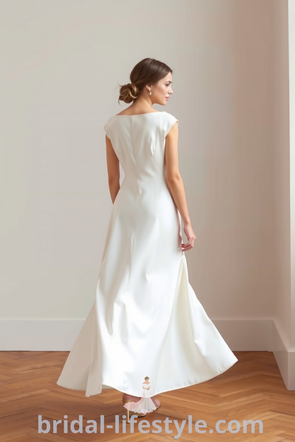 Chic white bride in a minimalist short wedding dress with an A-line silhouette, cap sleeves, and bateau neckline made of soft satin, showcasing elegance and modern style. bridal-lifestyle.com