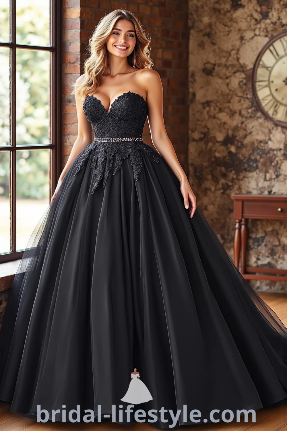A stunning Princess Black wedding dress featuring a fitted bodice with intricate lace overlays, a voluminous tulle skirt, and delicate embellishments at the waist. bridal-lifestyle.com