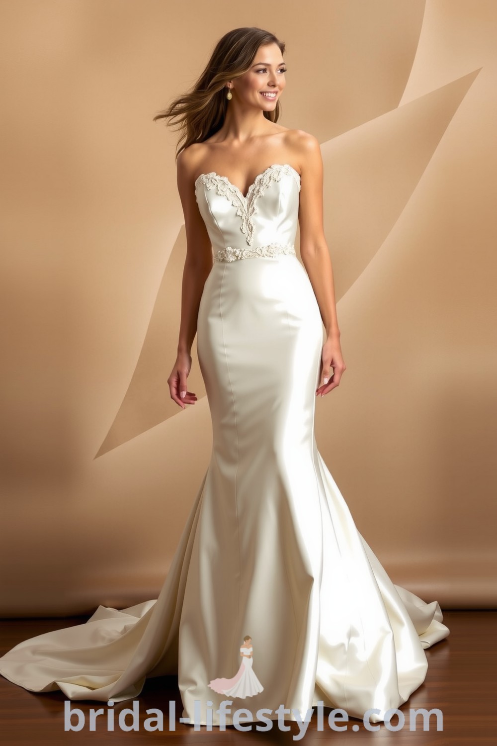 Fit and flare satin wedding dress with lace appliqués and a sweetheart neckline, featuring a soft train that enhances elegance and grace for dreamy brides. bridal-lifestyle.com