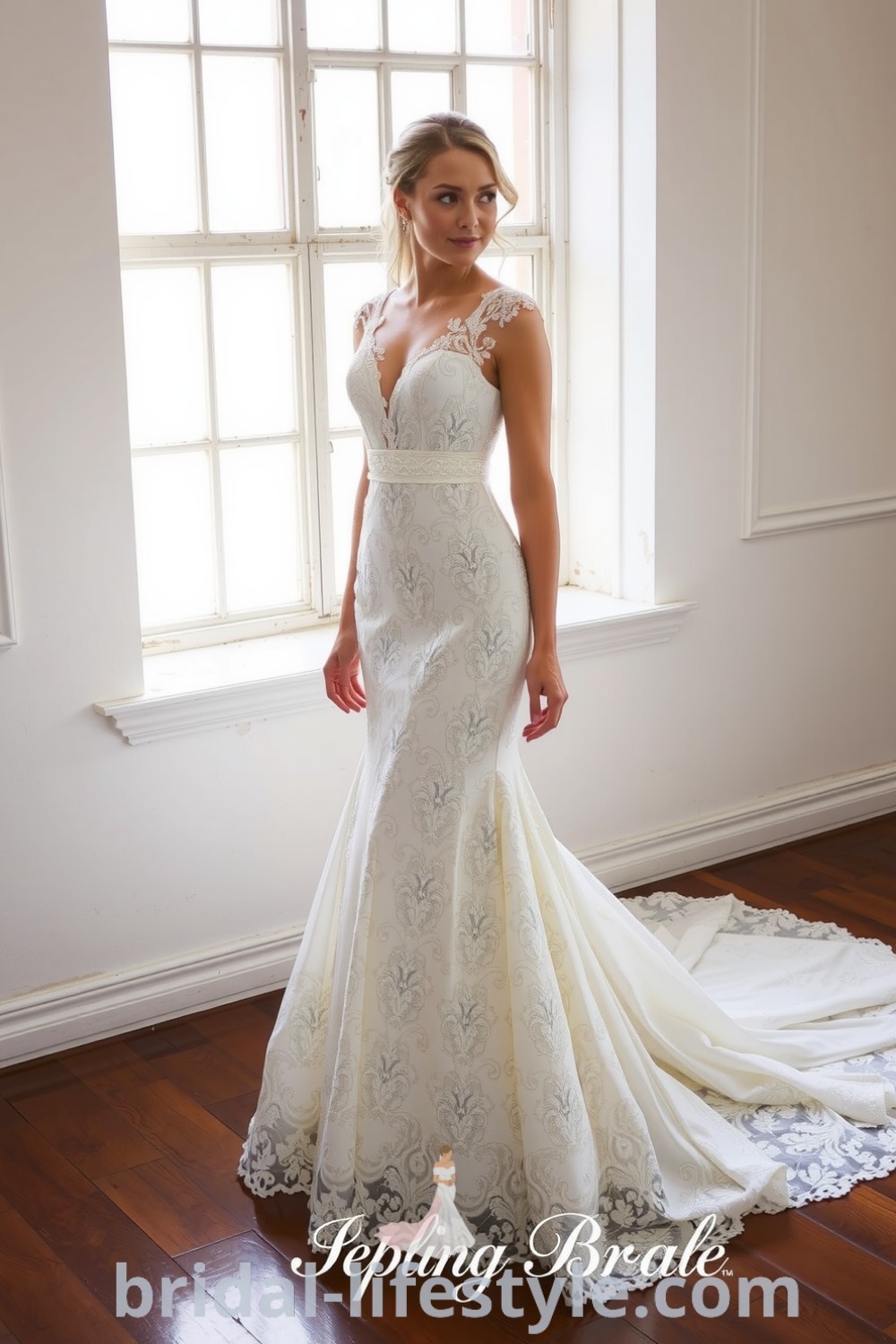 Fit and flare wedding dress with beaded lace, elegantly draping across the silhouette, flaring at the knee for beautiful movement, and featuring a delicate neckline. bridal-lifestyle.com