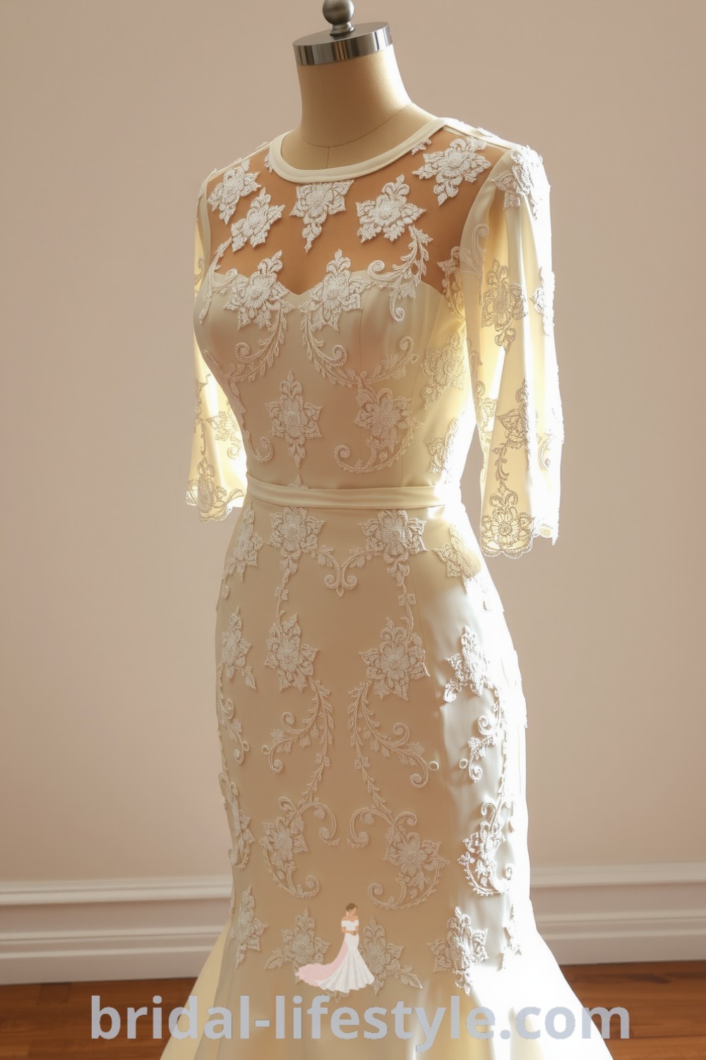 Vintage lace wedding dress with floral patterns, soft satin underlayer, and elbow-length sleeves, perfect for a romantic celebration. bridal-lifestyle.com