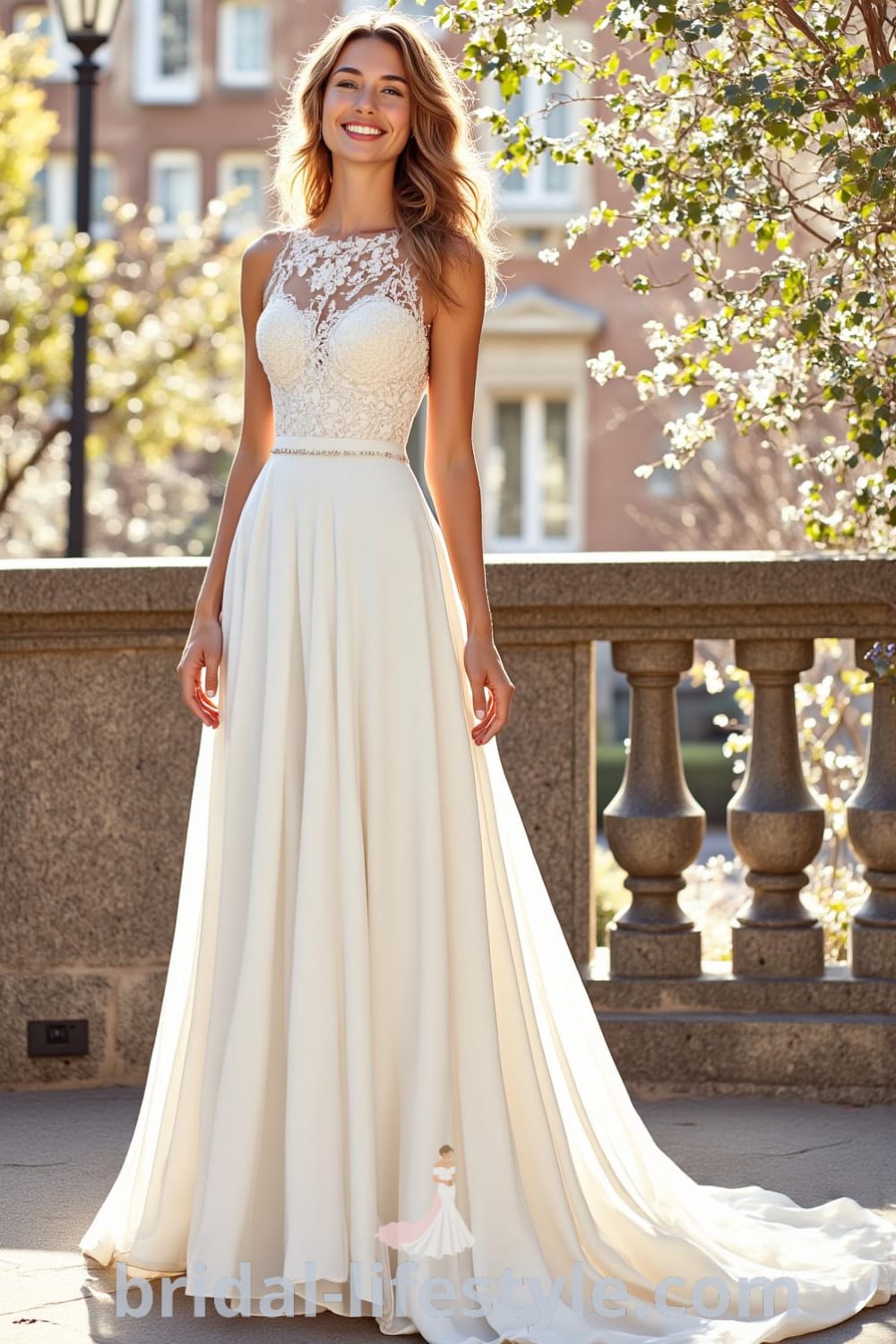 A-line wedding dress with a boat neck, lace appliqués, and a satin belt, featuring a flowing skirt that sways elegantly, perfect for a wedding. bridal-lifestyle.com