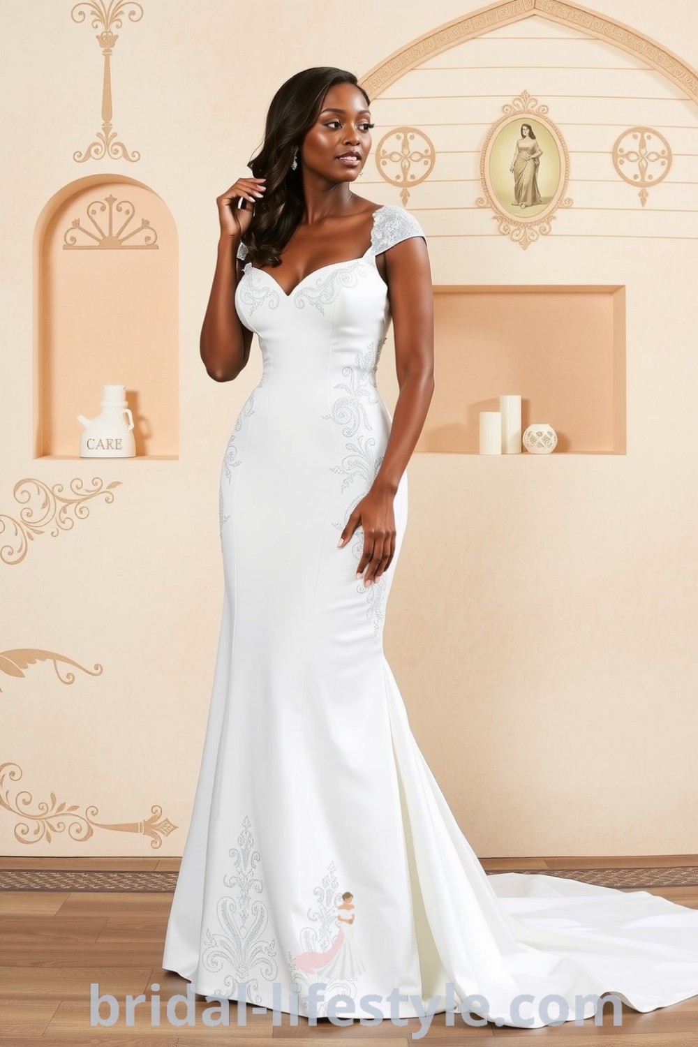A plus-size fit and flare wedding dress in soft ivory satin with lace appliqués, sweetheart neckline, and cap sleeves, designed for a timeless celebration. bridal-lifestyle.com