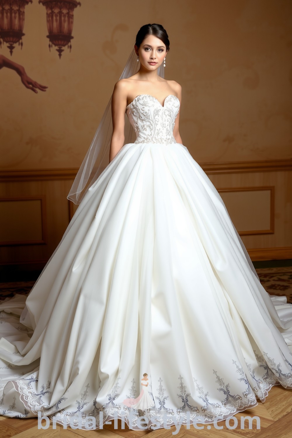 Glittering princess ball gown wedding dress with luxurious satin and tulle layers, featuring a sweetheart neckline, embroidered bodice, and sparkling sequins for an elegant look. bridal-lifestyle.com