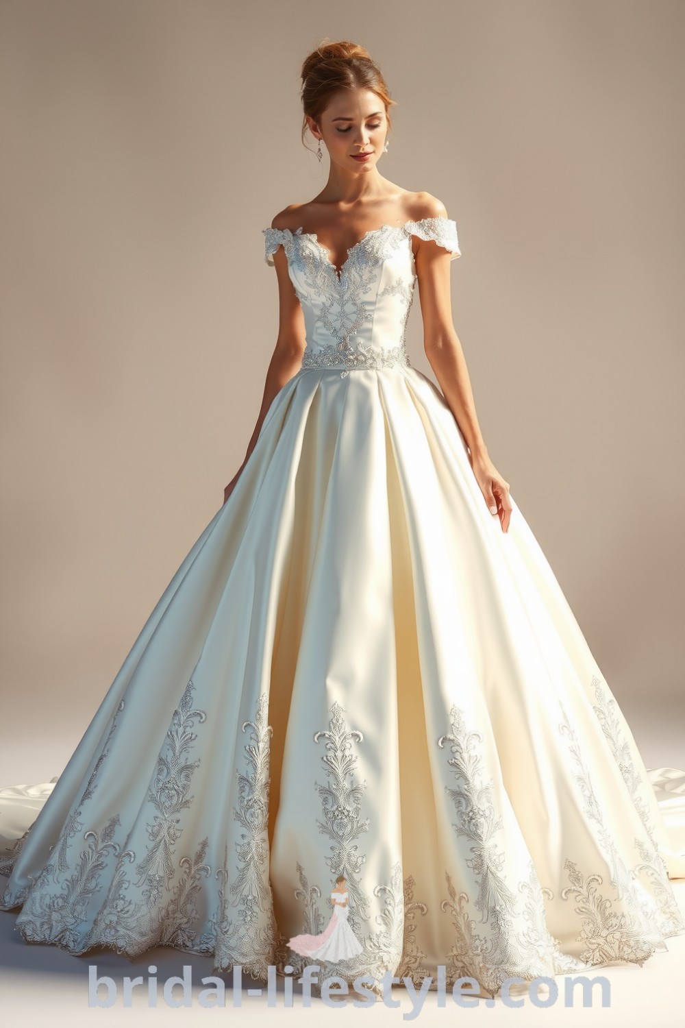 Princess-style wedding dress with a luxurious satin fabric, full ball gown skirt adorned with lace appliqués, and delicate off-the-shoulder sleeves, embodying elegance for dreamy brides. bridal-lifestyle.com