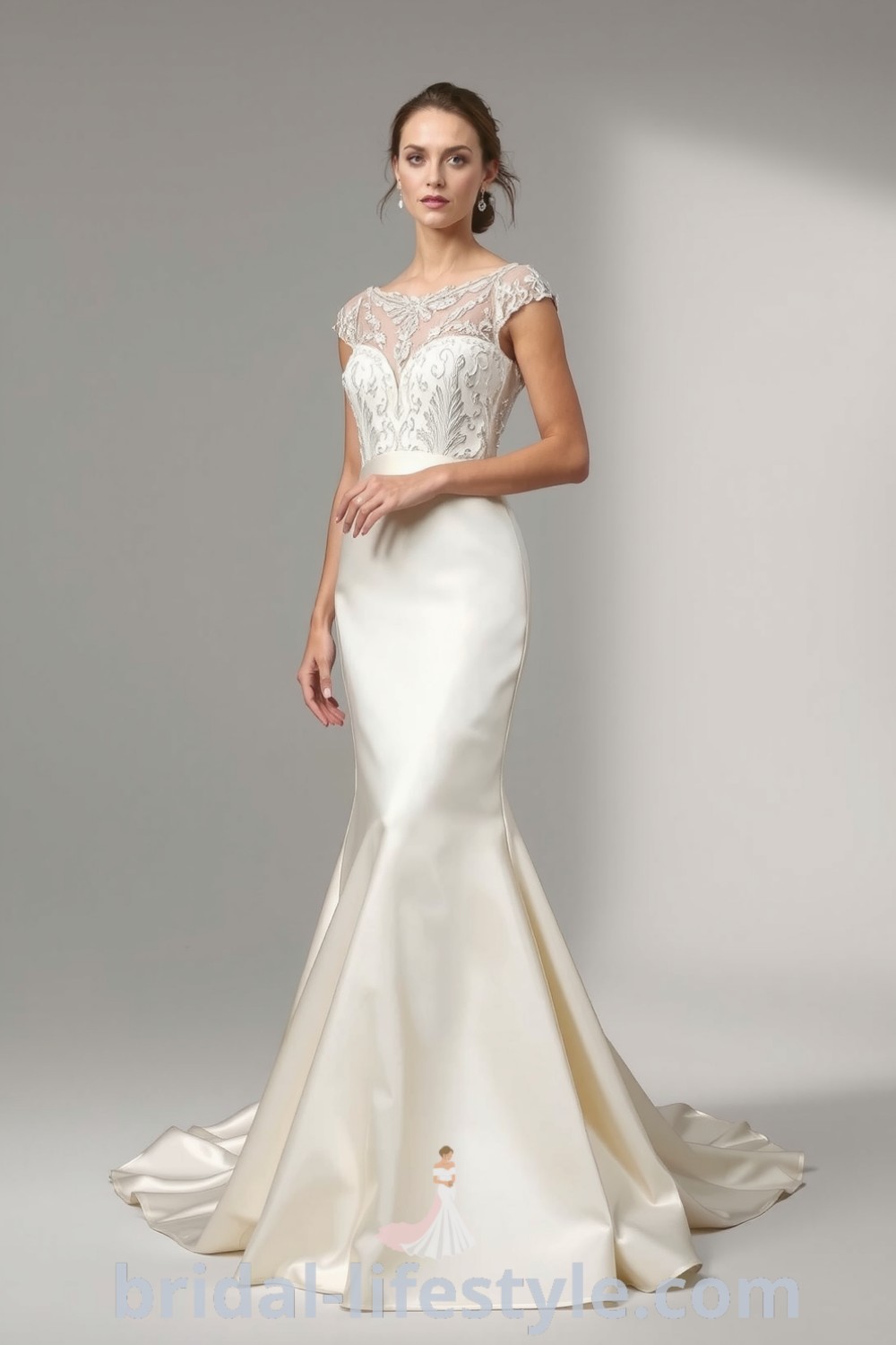 Fit and flare wedding dress with intricate beaded lace patterns on a satin bodice and a flowing skirt, designed for elegant movement. bridal-lifestyle.com
