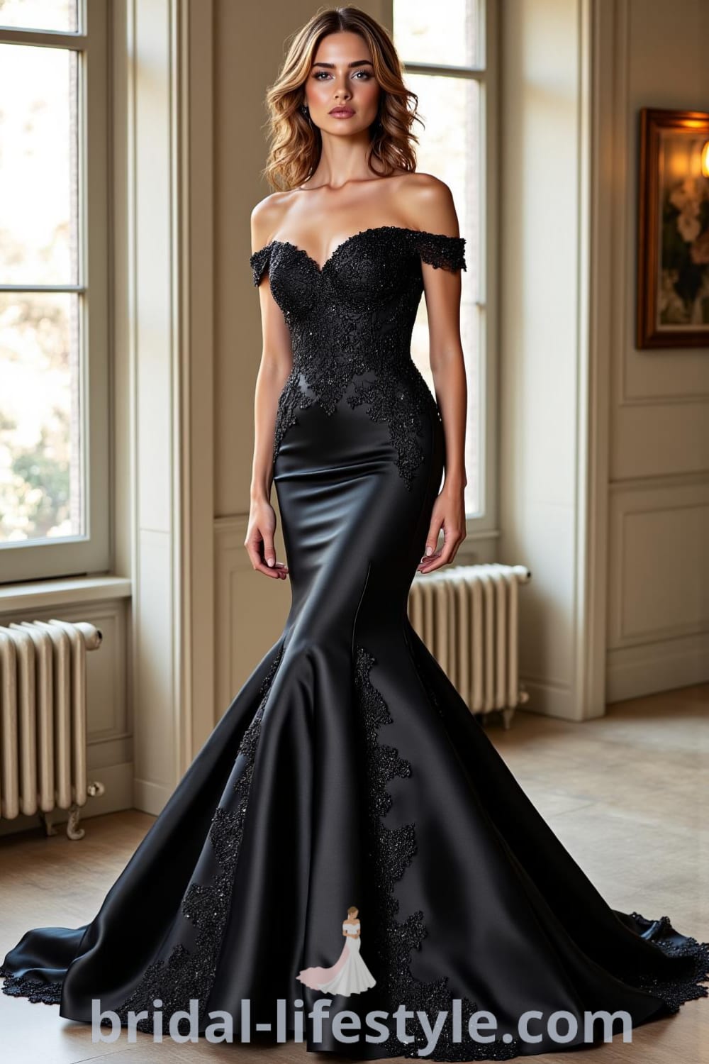 Elegant black mermaid wedding dress made of luxurious satin with lace appliqués, flared hem, dramatic train, and off-the-shoulder neckline. pinshoesoutfits.com