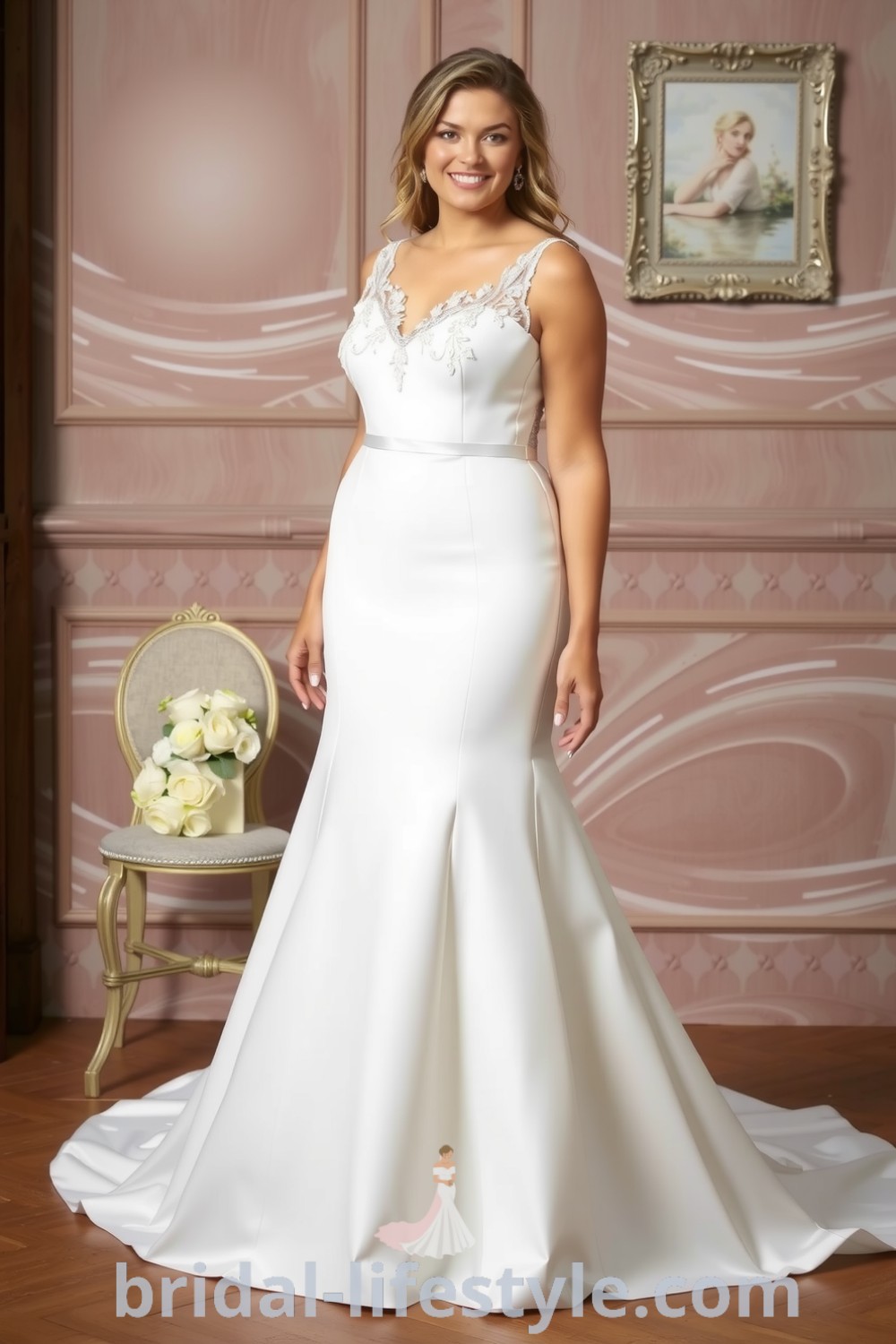 Plus-size fit and flare wedding dress made of satin with lace appliqué embellishments, hugging the curves and flaring at the knees, accompanied by a delicate train. bridal-lifestyle.com