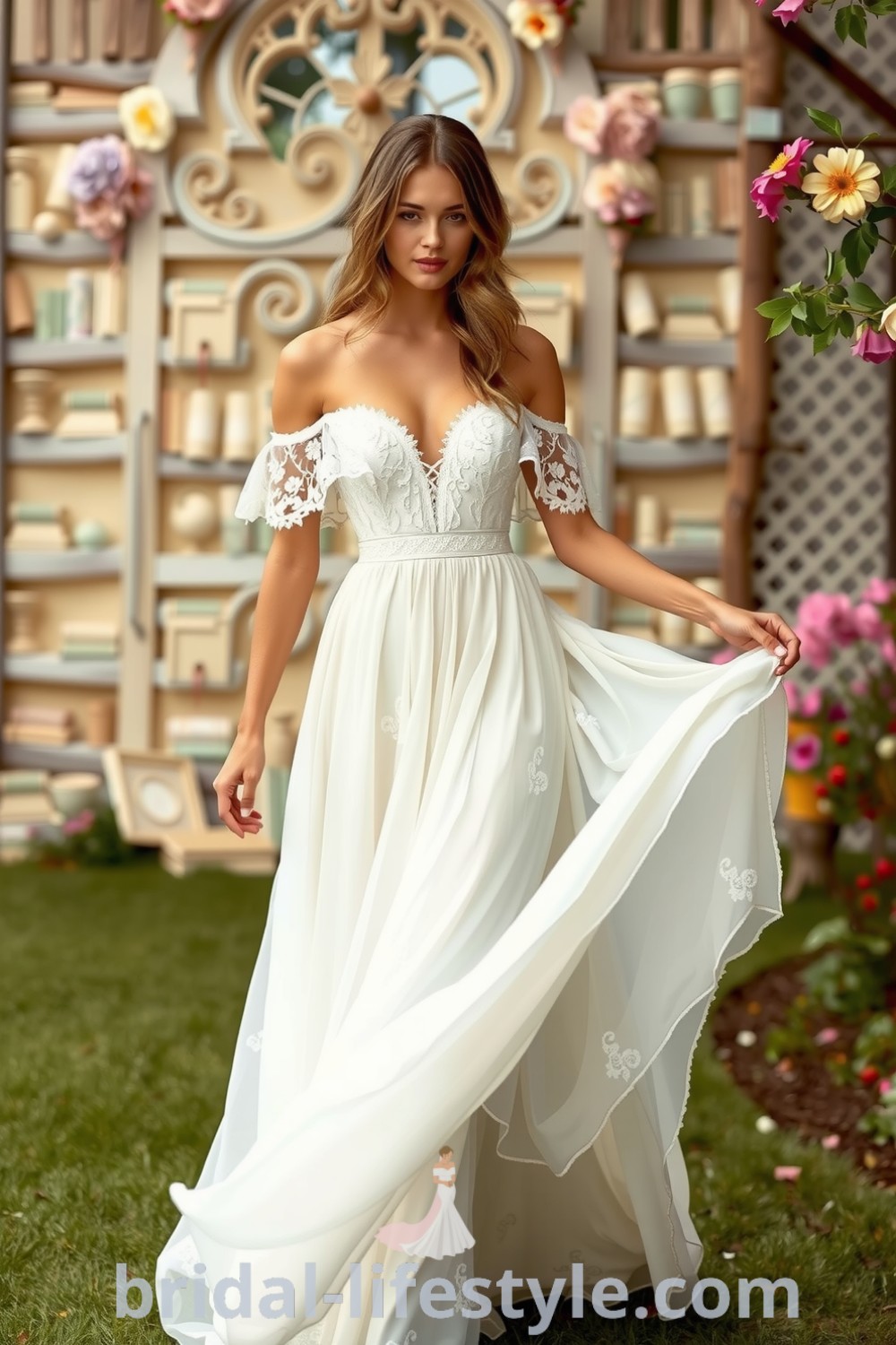 Boho wedding dress with layered lace, off-the-shoulder sleeves, and floral appliqués, designed for romantic garden ceremonies. bridal-lifestyle.com
