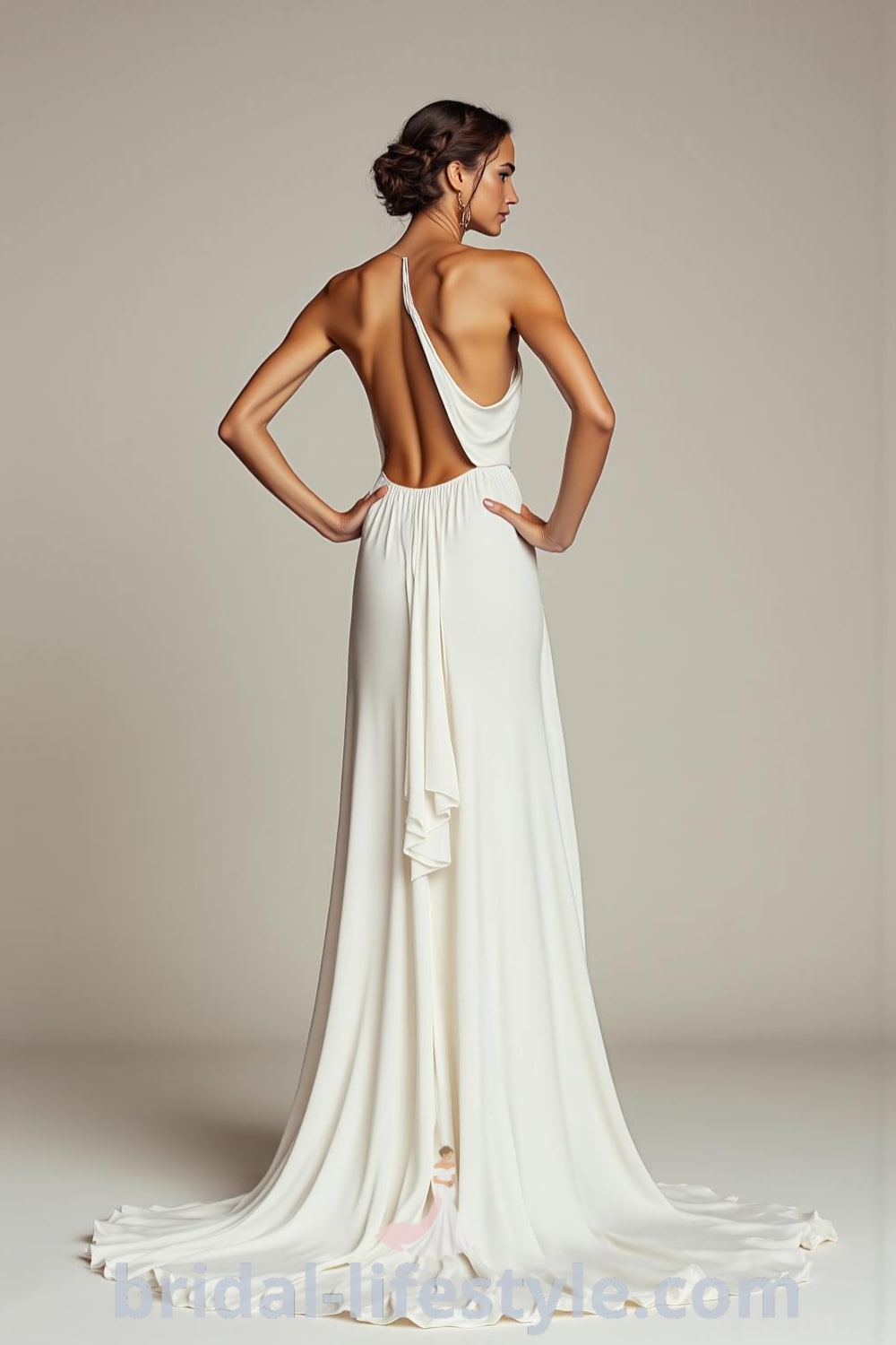 A minimalist long wedding dress with a sleek satin silhouette, subtle boat neckline, keyhole back detail, and a softly flowing train. bridal-lifestyle.com