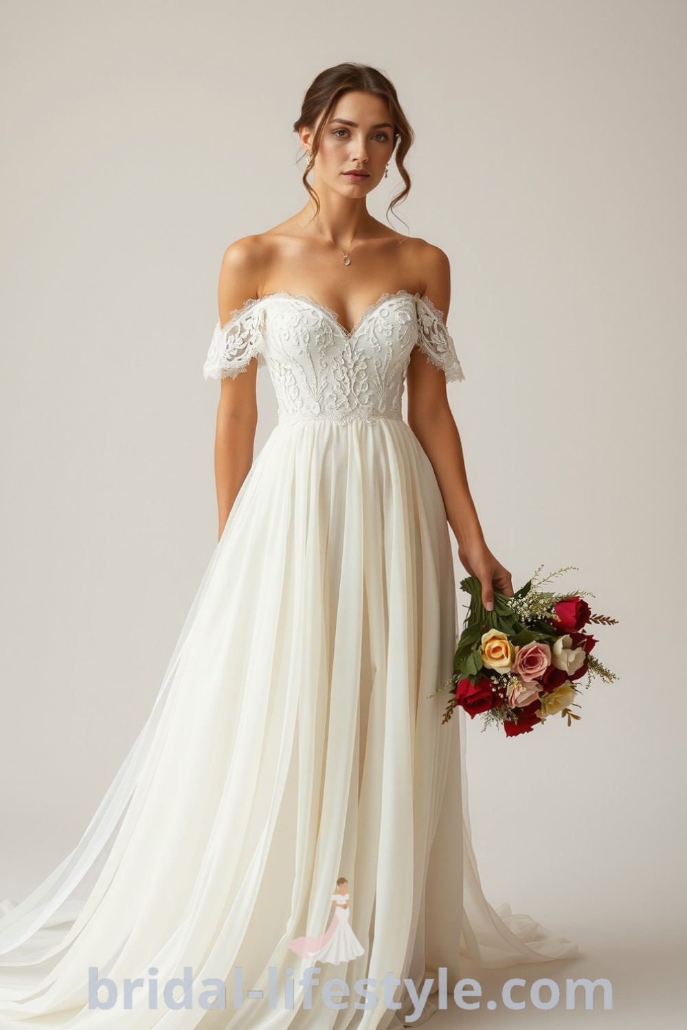 Boho wedding dress with soft lace, airy chiffon, off-the-shoulder neckline, and floral appliqués, capturing a whimsical and romantic aesthetic for dreamy brides. bridal-lifestyle.com