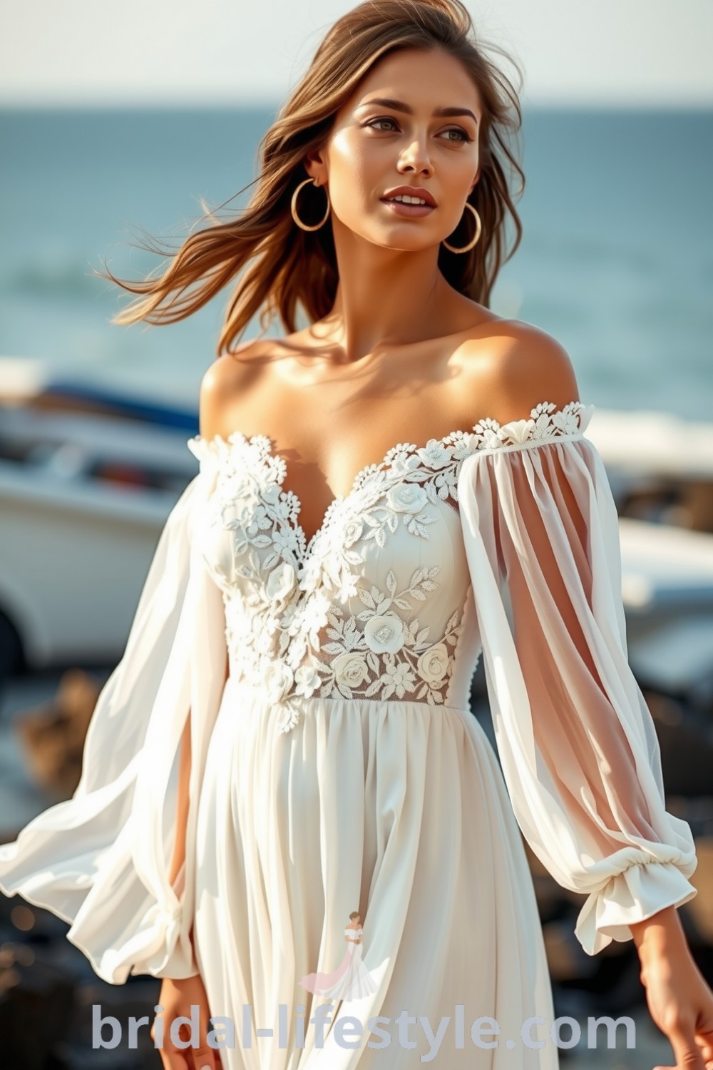 Elegant boho beach wedding dress with soft lace overlay, off-the-shoulder design, and floral appliqués, embodying a relaxed romantic aesthetic for dreamy brides. bridal-lifestyle.com