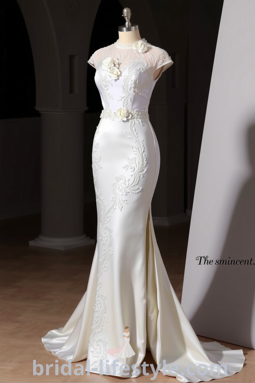 Stunning fit and flare wedding dress with a side slit, delicate lace overlay, and floral appliqués on the bodice and neckline. bridal-lifestyle.com
