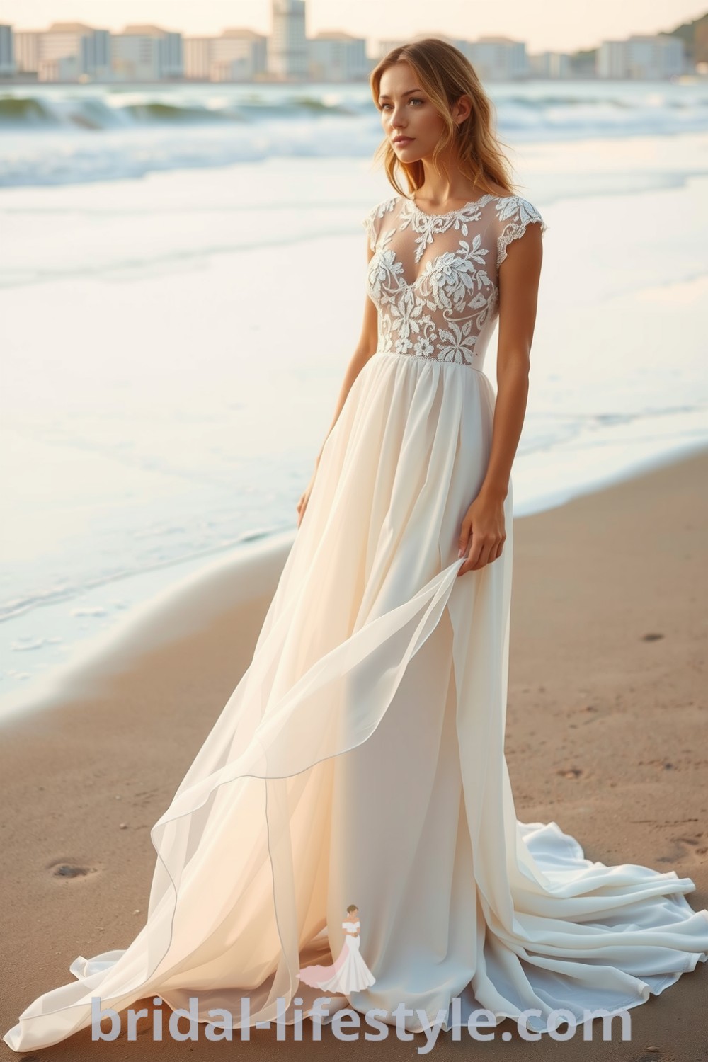 Boho-inspired beach wedding dress made of flowing lace and chiffon, featuring an embroidered bodice with floral patterns and an ethereal skirt. bridal-lifestyle.com