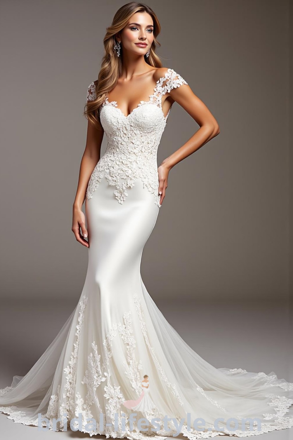 Mermaid wedding dress made of luxurious satin with lace appliqués, off-the-shoulder straps, and a removable tulle train. bridal-lifestyle.com