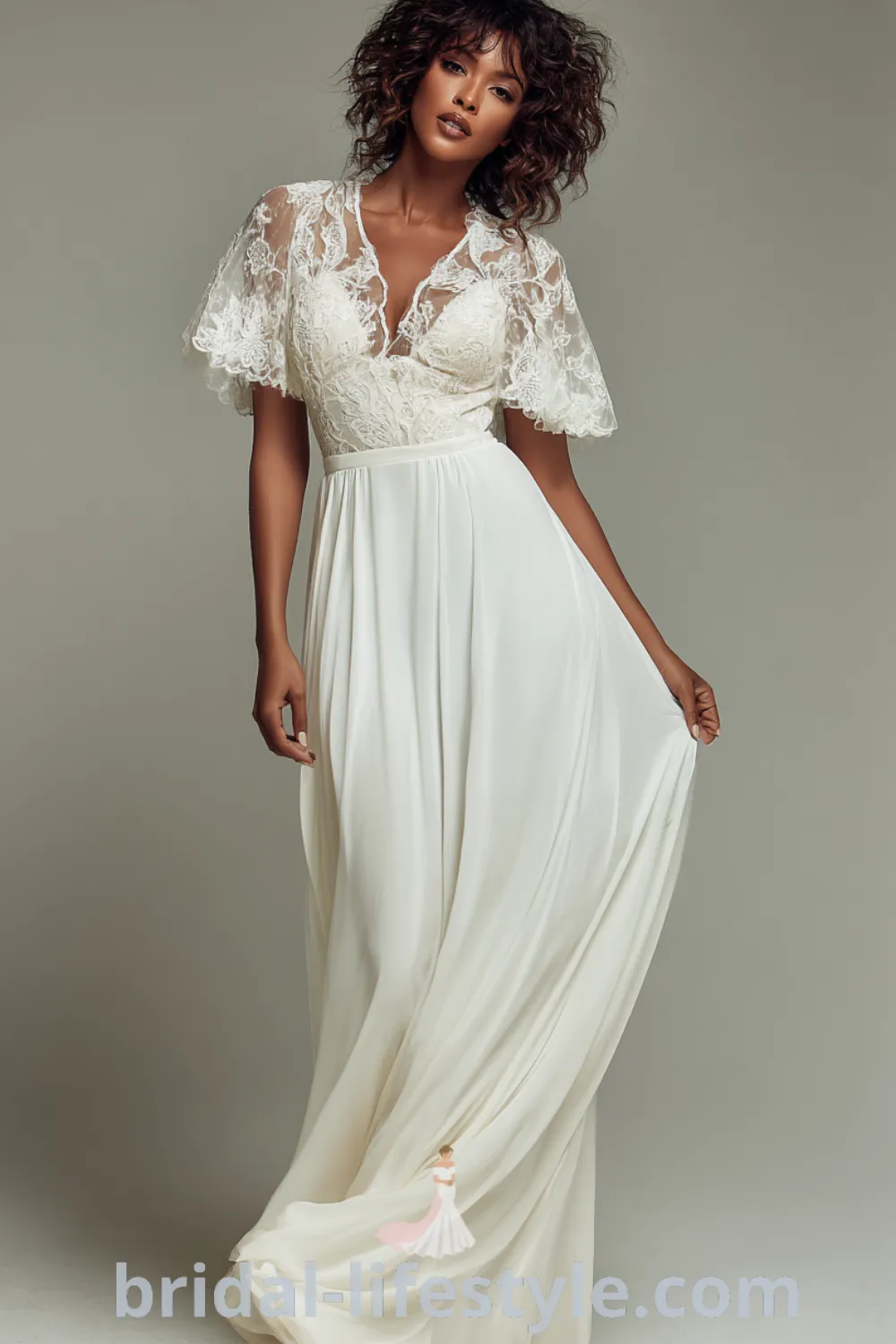 Lightweight crepe beach wedding dress with lace flutter sleeves, boho beach bridal gown, relaxed beach bridal vibe.