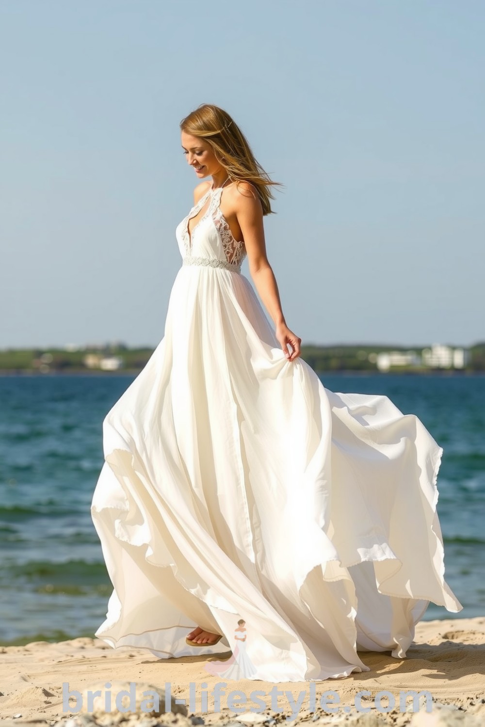 Boho beach wedding dress with A-line silhouette, soft chiffon layers, lace accents, and halter neckline, perfect for dreamy brides seeking elegance. bridal-lifestyle.com