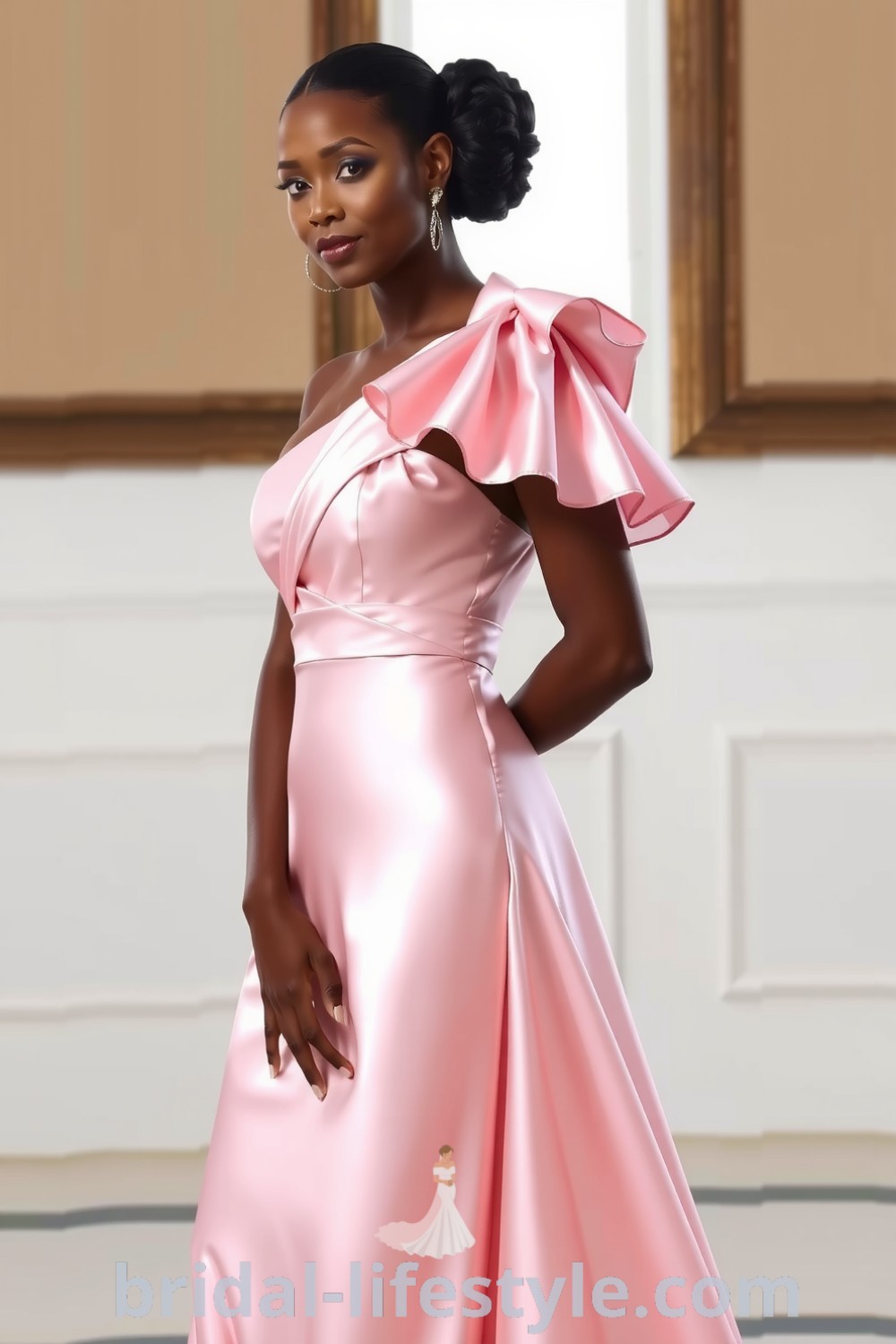 One-shoulder pink satin bridesmaid dress with a delicate ruffle, flowing silhouette, ideal for elegant weddings, showcasing the best aesthetic ideas for dreamy brides. bridal-lifestyle.com