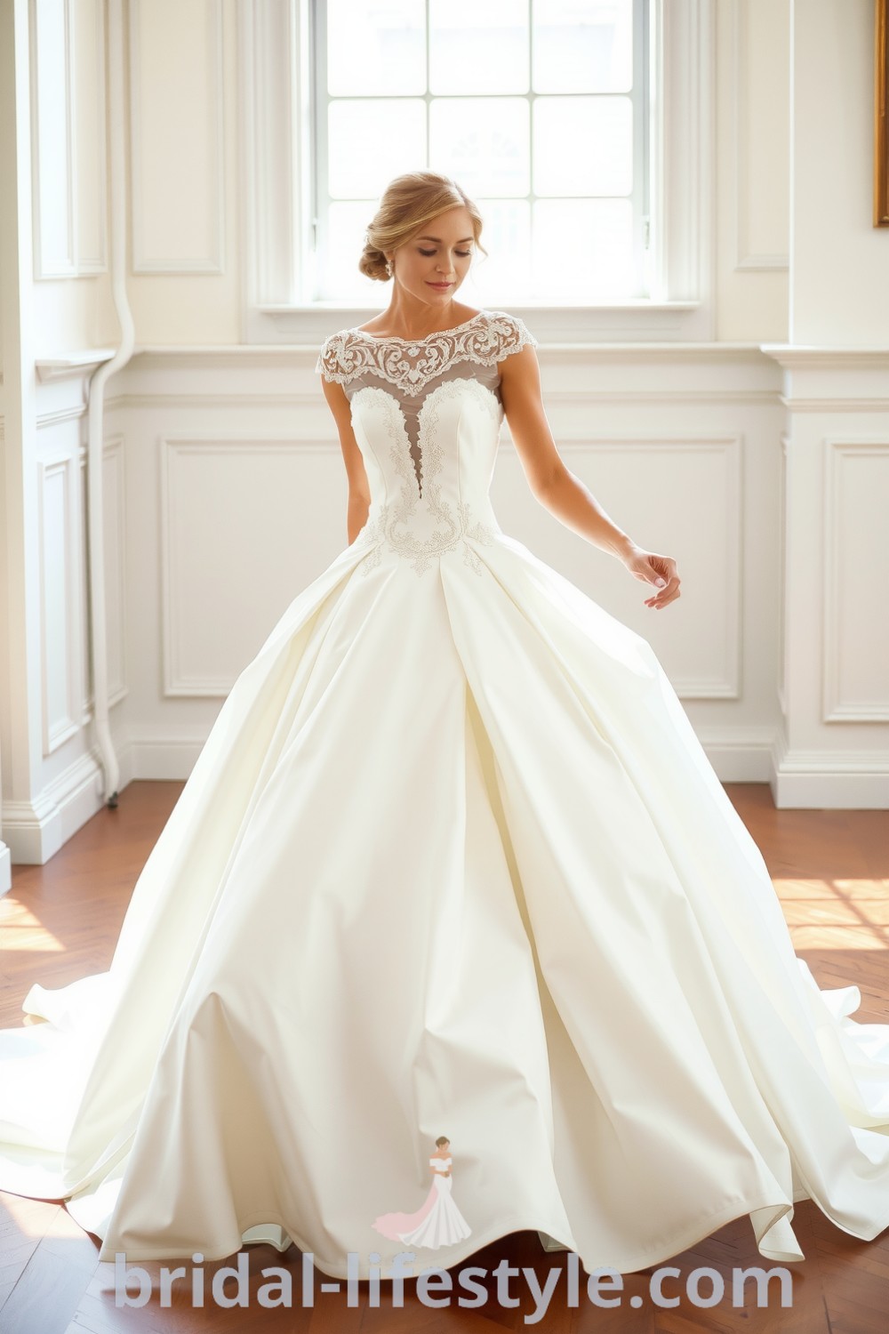 Elegant Victorian wedding dress with a fitted bodice, intricate lace detailing, and a voluminous satin skirt, featuring delicate cap sleeves and pearl accents. bridal-lifestyle.com