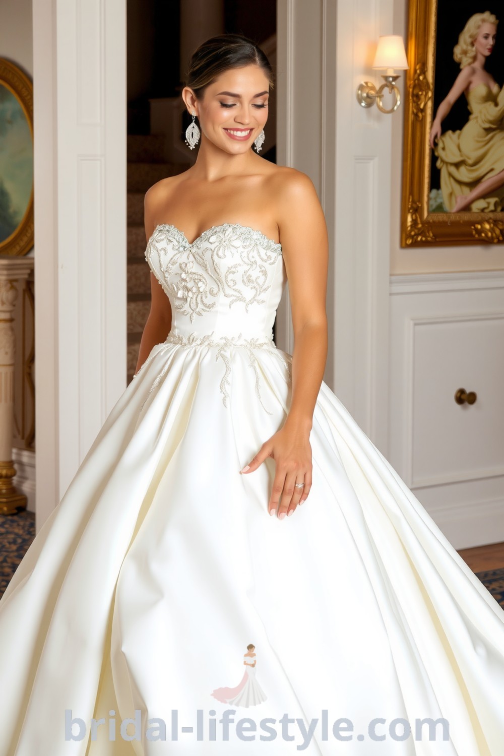 Stunning Princess Glitter wedding dress with a ball gown silhouette made of luxurious satin, adorned with shimmering sequins and delicate lace appliqués. bridal-lifestyle.com