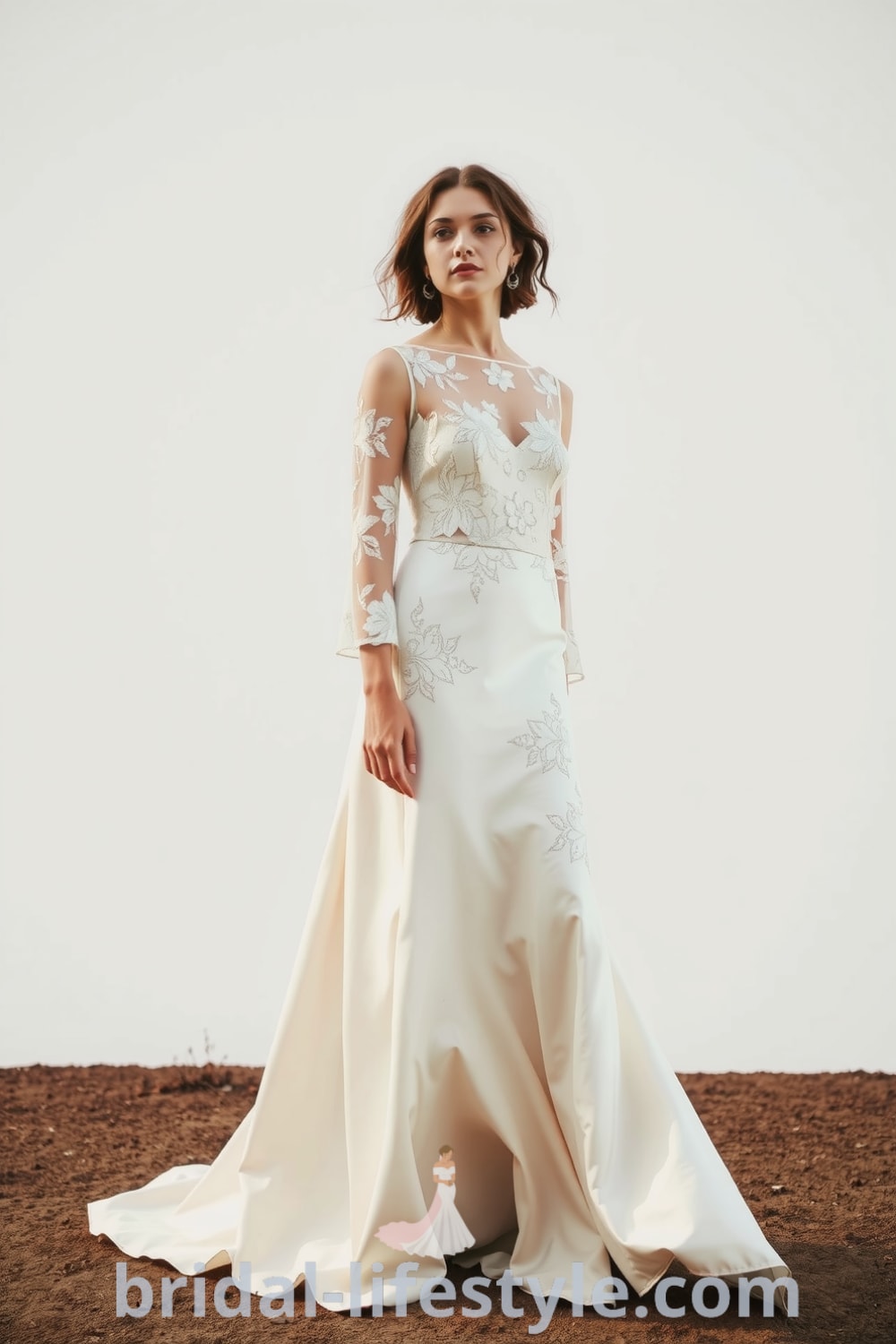 Boho two-piece wedding dress featuring a cropped lace top with floral embroidery and a flowing satin skirt, ideal for outdoor weddings. bridal-lifestyle.com