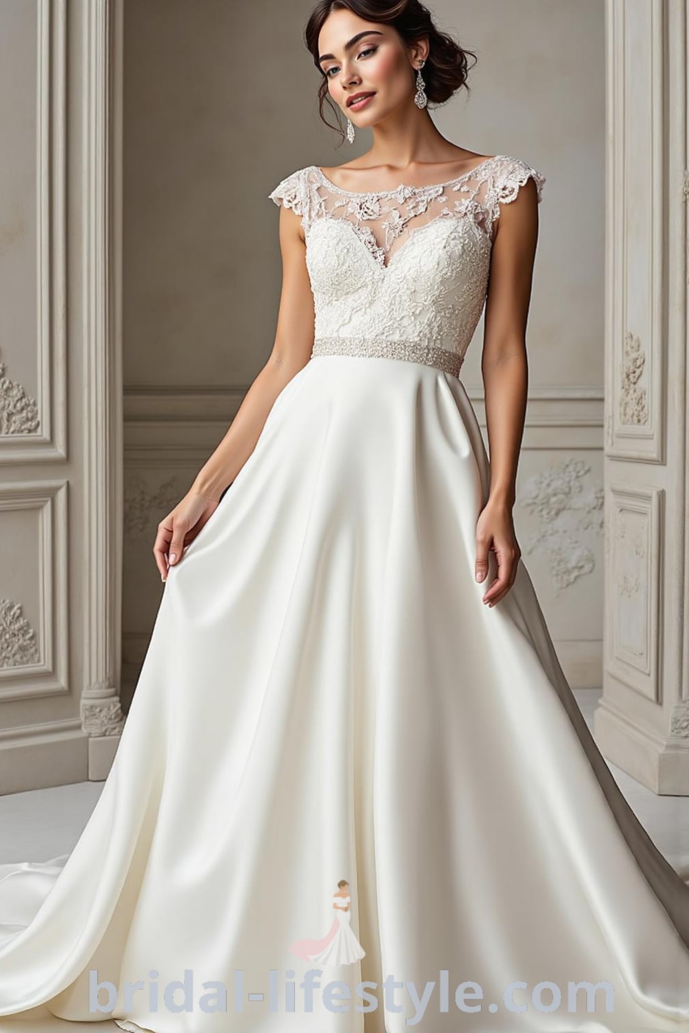 A-line wedding dress with refined boat neckline, beaded bodice, soft chiffon skirt, and lace trims, ideal for a stunning wedding celebration. bridal-lifestyle.com