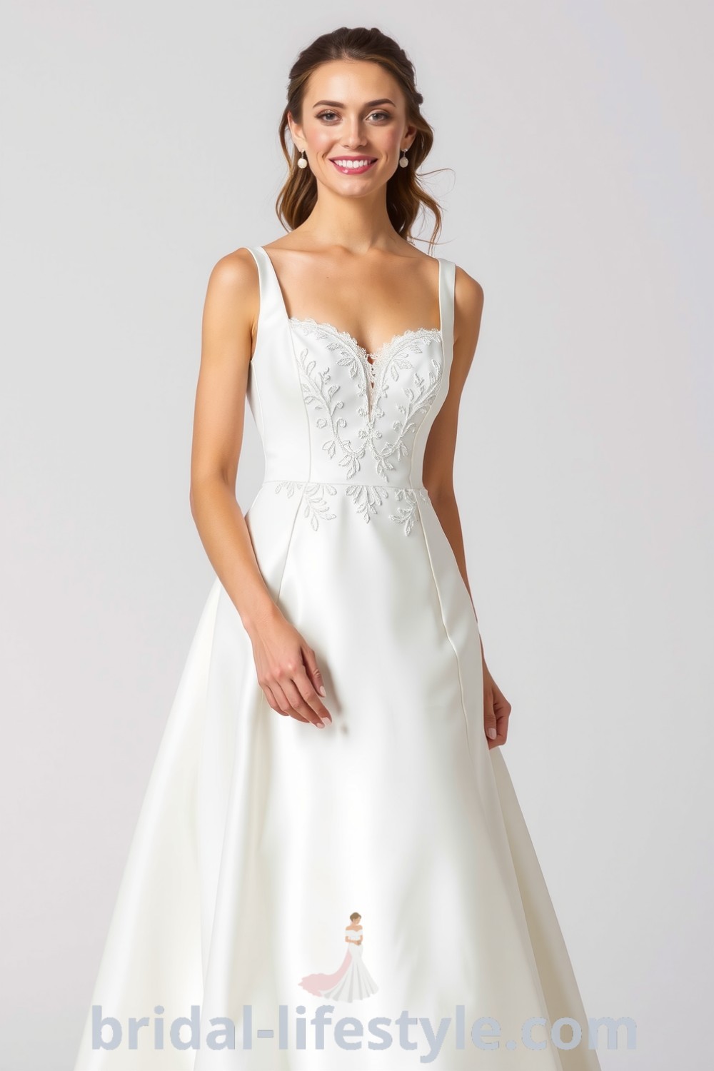Elegant fit and flare wedding dress with a square neckline, luxurious satin fabric, shimmering curves, and delicate lace appliqués for a romantic touch. bridal-lifestyle.com