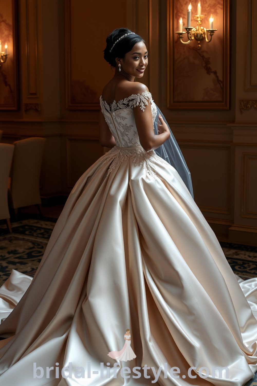 Elegant black bride in grand princess ballgown with off-the-shoulder neckline, intricate lace detailing, and voluminous satin skirt, showcasing timeless bridal beauty. bridal-lifestyle.com