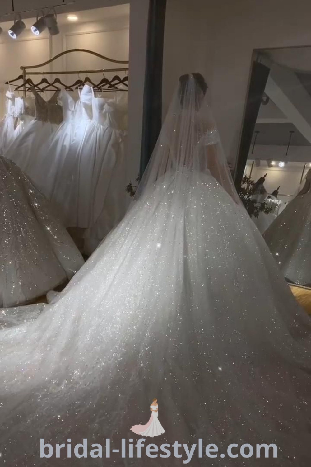 A collection of sparkling wedding dresses including a big white sparkly wedding dress, elegant Cinderella styles, and glitter tulle designs, ideal for dreamy brides seeking the best aesthetic ideas for their special day. Discover more at bridal-lifestyle.com.