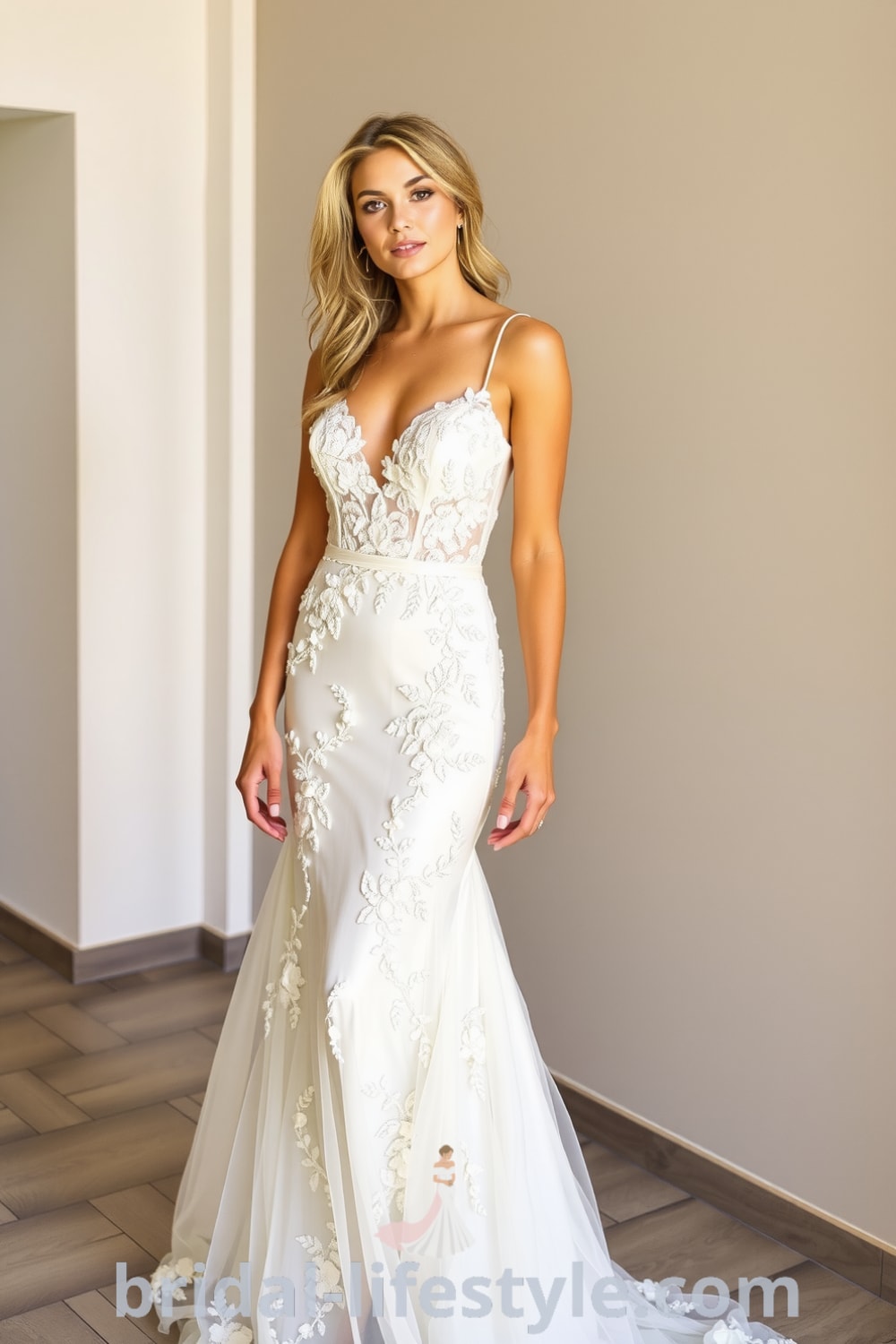 Ethereal boho wedding dress with soft lace layers, A-line silhouette, floral appliqués, and an illusion neckline, designed for a whimsical outdoor ceremony. bridal-lifestyle.com
