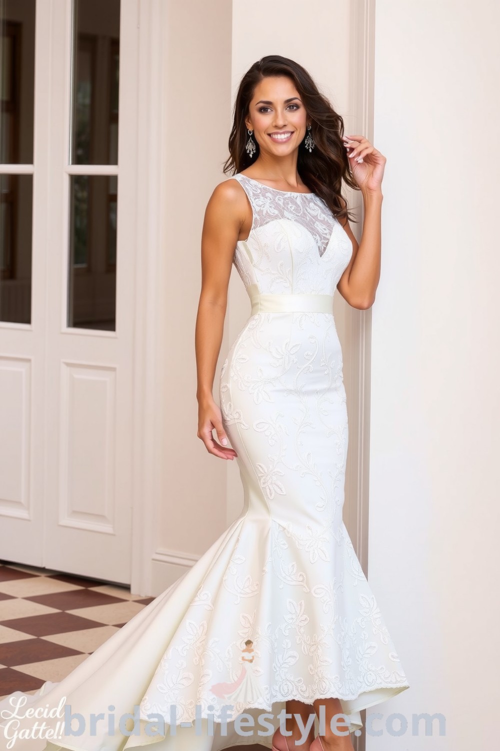 A stunning mermaid midi wedding dress made from luxurious lace and satin, adorned with floral appliqués, featuring a boat neckline and playful hem. bridal-lifestyle.com
