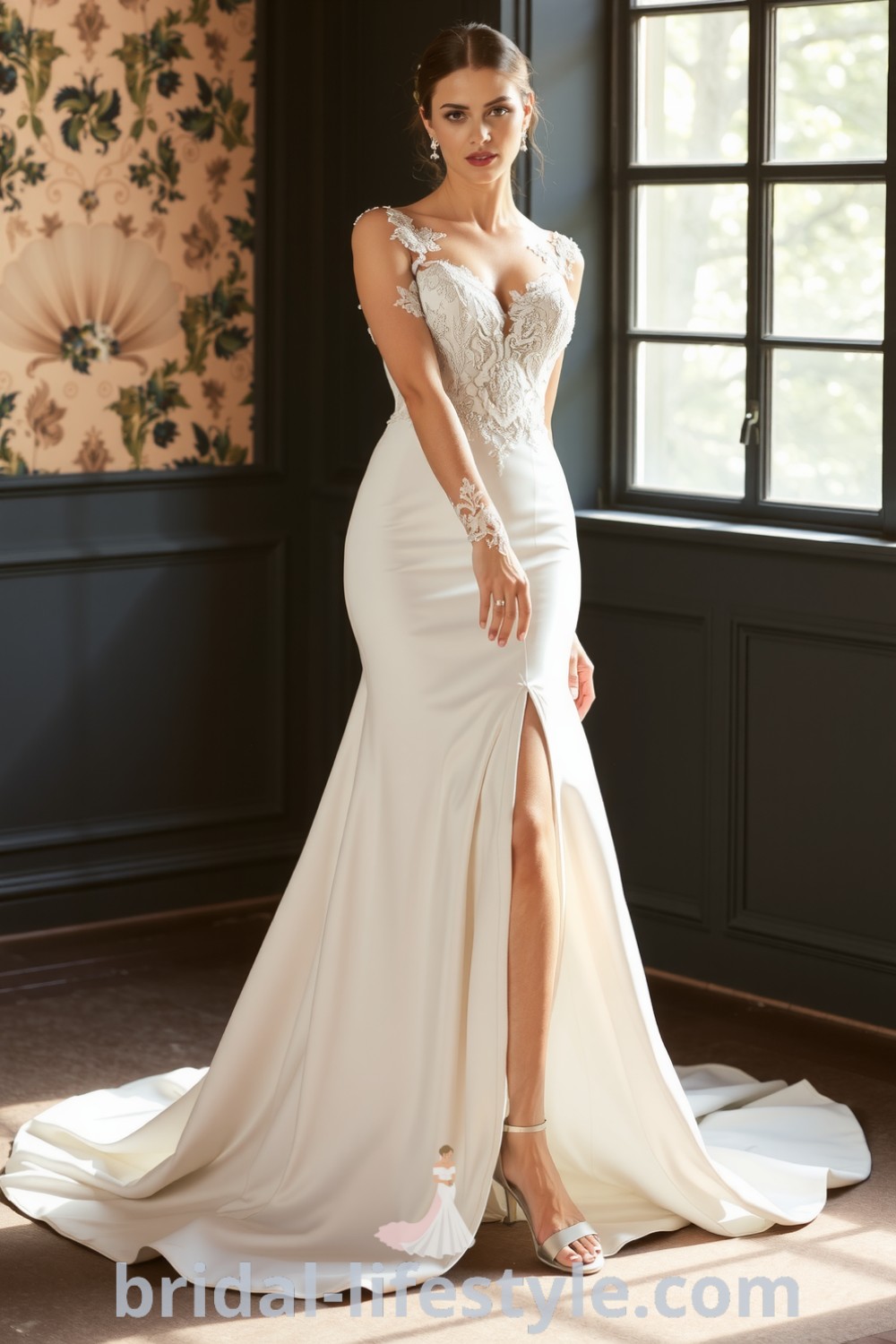 A fit and flare wedding dress made from rich satin with a daring slit and lace appliqués on the bodice, designed to accentuate the bride