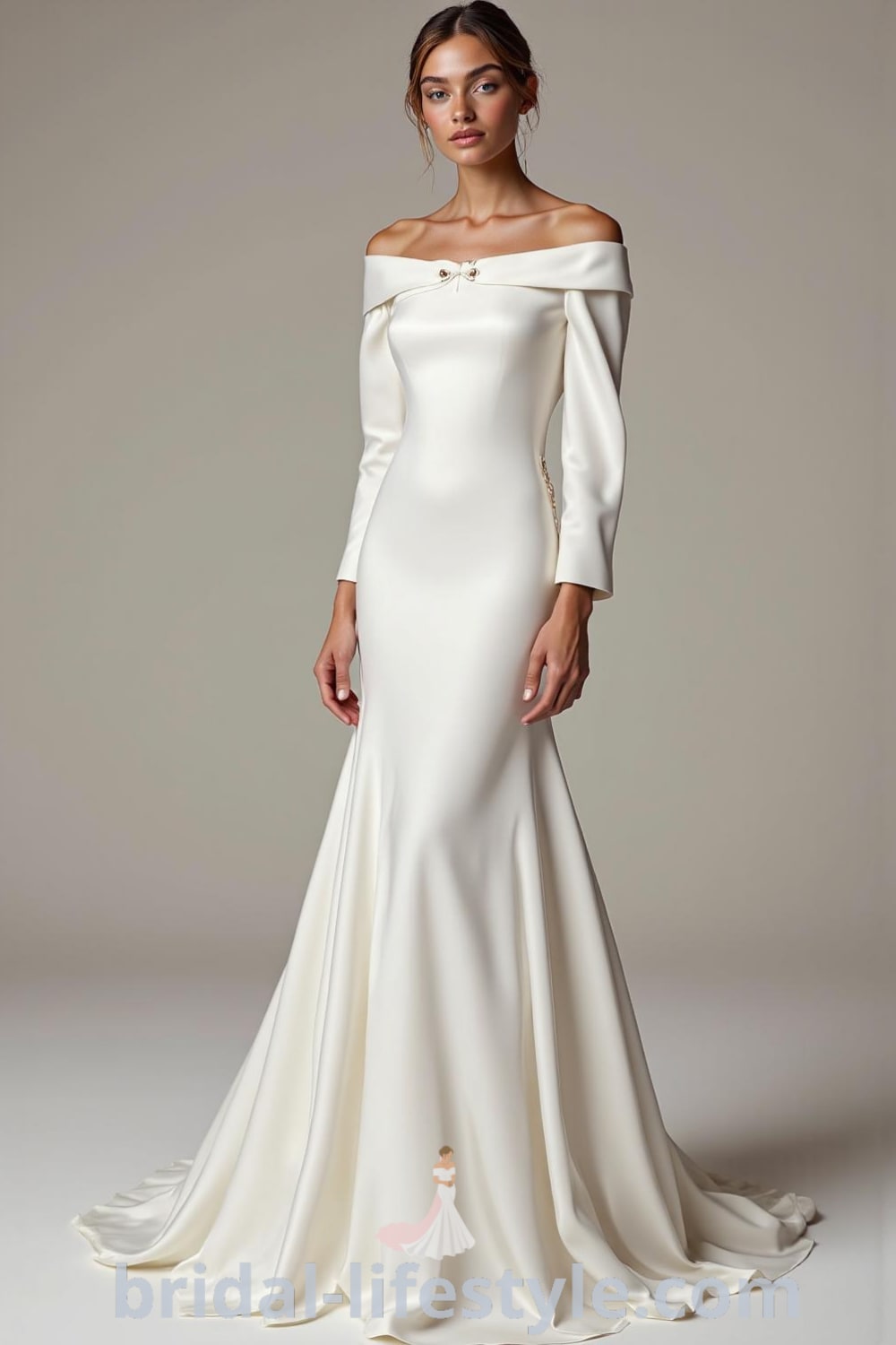 Minimalist long sleeve wedding dress with a sleek satin silhouette, bateau neckline, long sleeves, and delicate button detail on the back. bridal-lifestyle.com