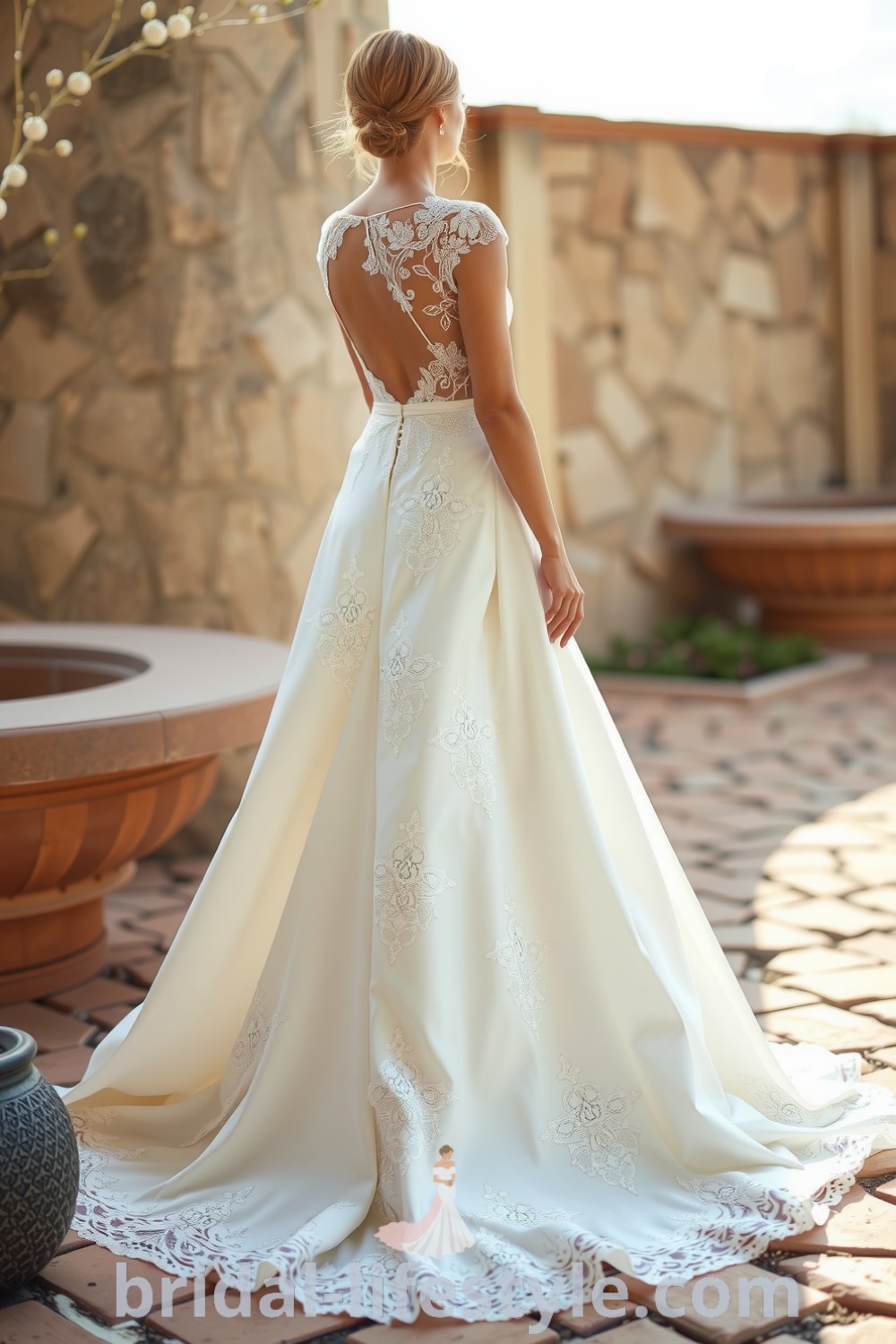 Elegant fit and flare wedding dress with intricate lace overlay, open back, delicate satin lining, and shimmering hem, ideal for a romantic celebration. bridal-lifestyle.com