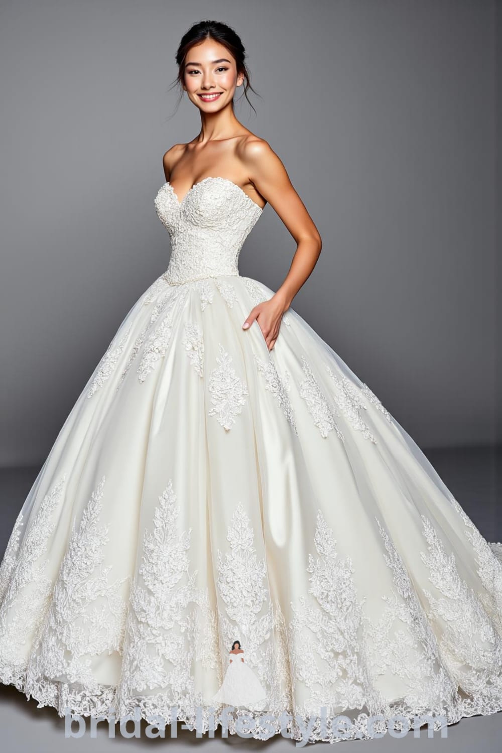 Princess-tail wedding dress with luxurious satin bodice, voluminous tulle skirt, intricate lace appliqués, sweetheart neckline, and delicate beaded detailing. bridal-lifestyle.com