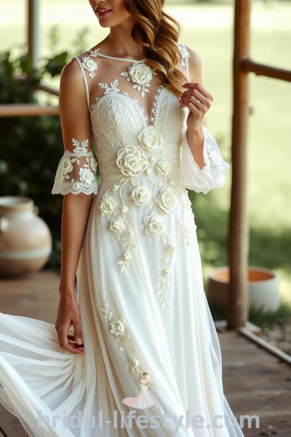 Boho wedding dress with floral appliqués, layered lace, soft chiffon, and delicate bell sleeves, designed for a rustic outdoor wedding. bridal-lifestyle.com