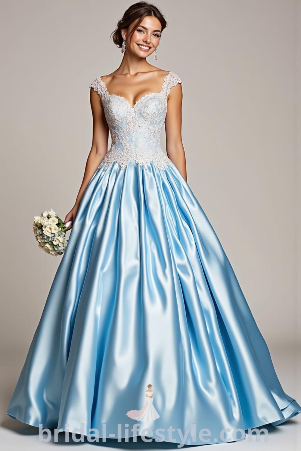 Princess Blue wedding dress with a classic ball gown silhouette, luxurious satin fabric, intricate floral lace appliqués, voluminous floor-length skirt, and delicate cap sleeves. bridal-lifestyle.com