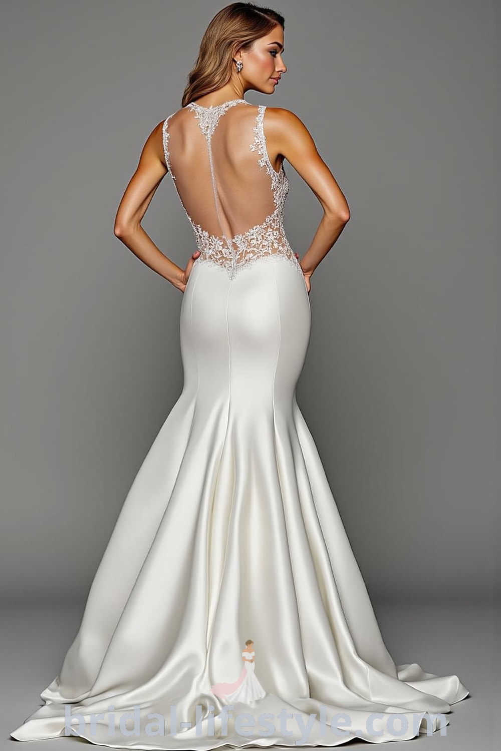 A stunning mermaid wedding dress made from luxurious satin, featuring intricate lace detailing on the sweetheart neckline and a daring low back with sheer panels. bridal-lifestyle.com