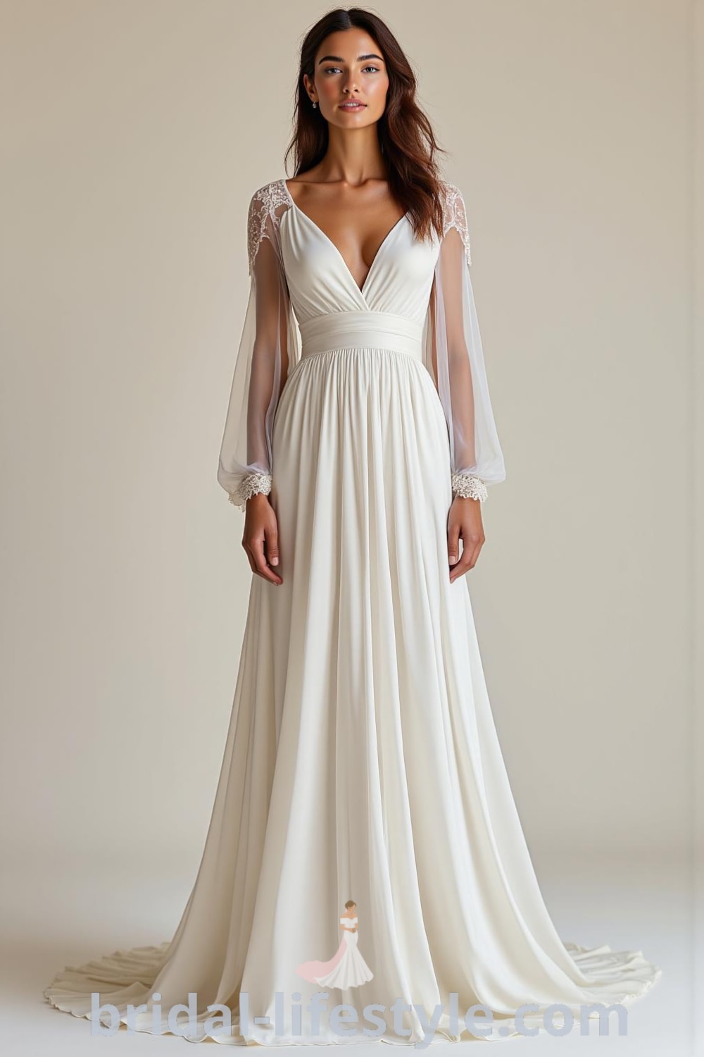 Elegant minimalist long sleeve wedding dress made of satin with a high neckline, button details at the cuffs, and a flowing skirt. bridal-lifestyle.com