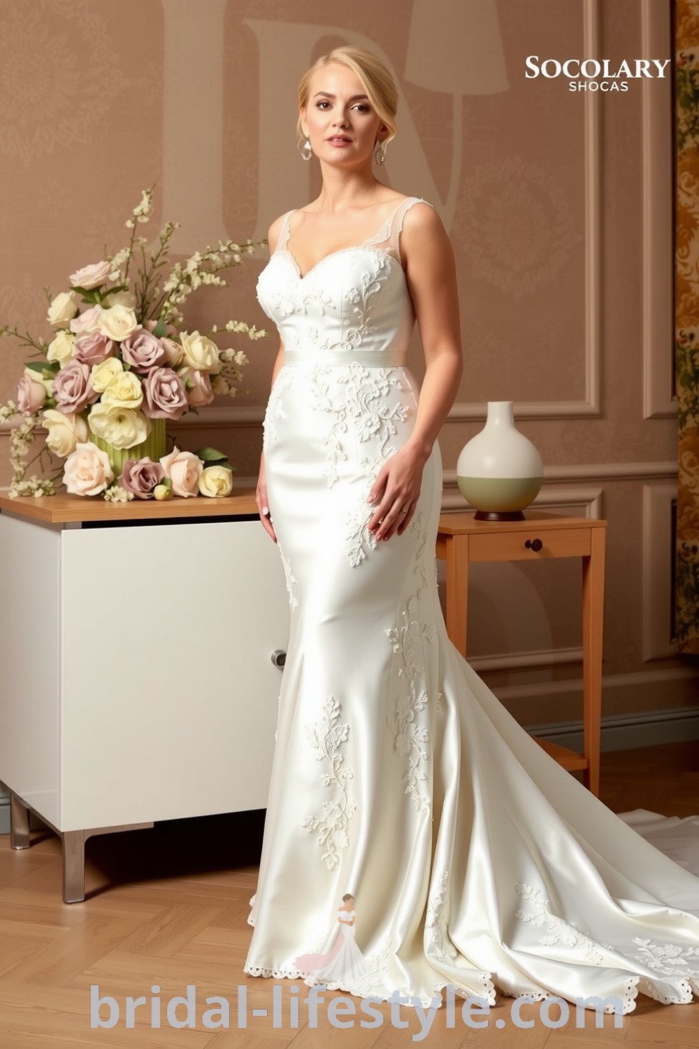 Plus-size fit and flare wedding dress made of lace over satin, featuring floral appliqués, a sweetheart neckline, and a sweeping train. bridal-lifestyle.com