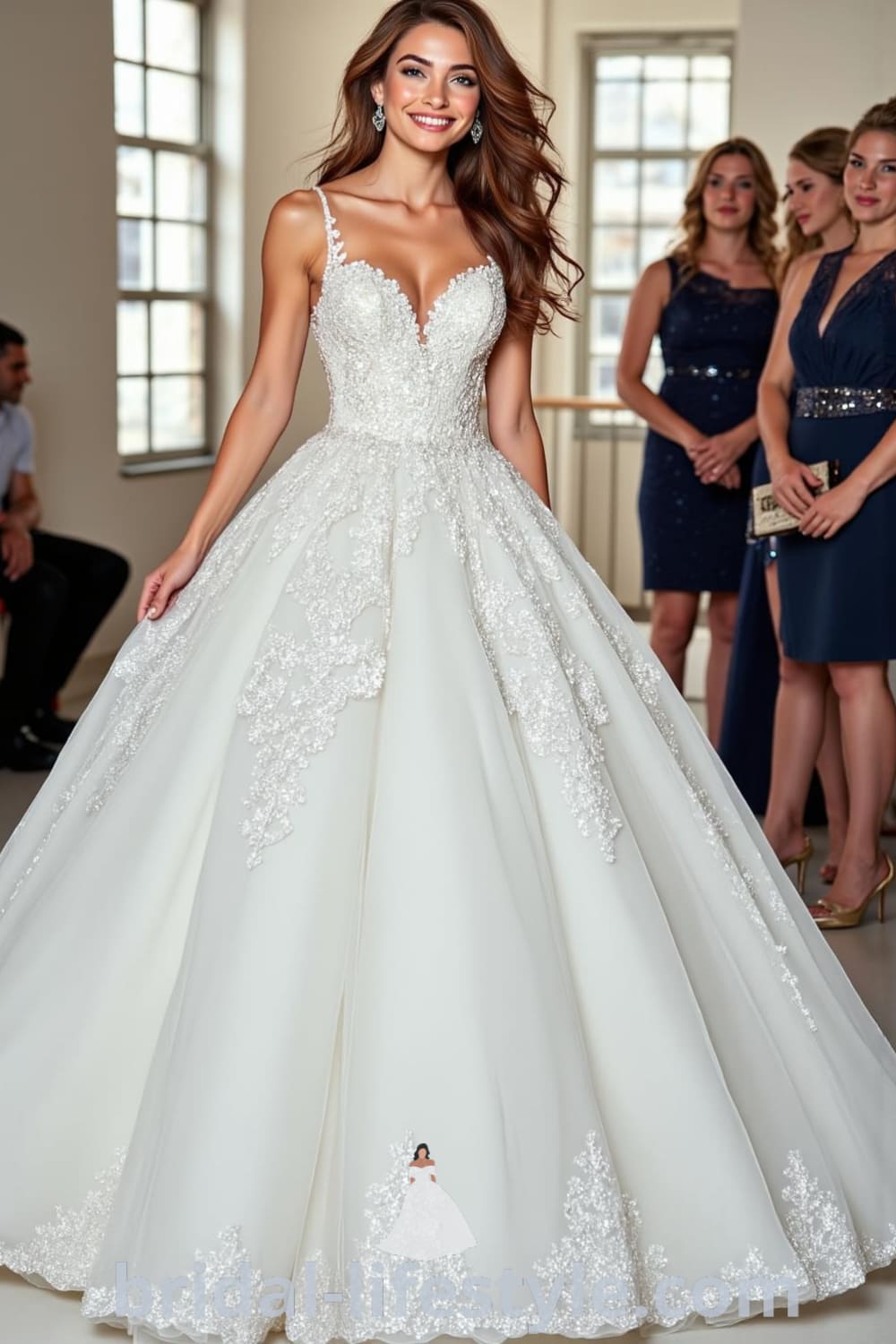 A breathtaking Princess Glitter wedding dress with a fitted bodice, voluminous tulle skirt, delicate lace detailing, and a sweeping train, adorned with shimmering sequins. bridal-lifestyle.com