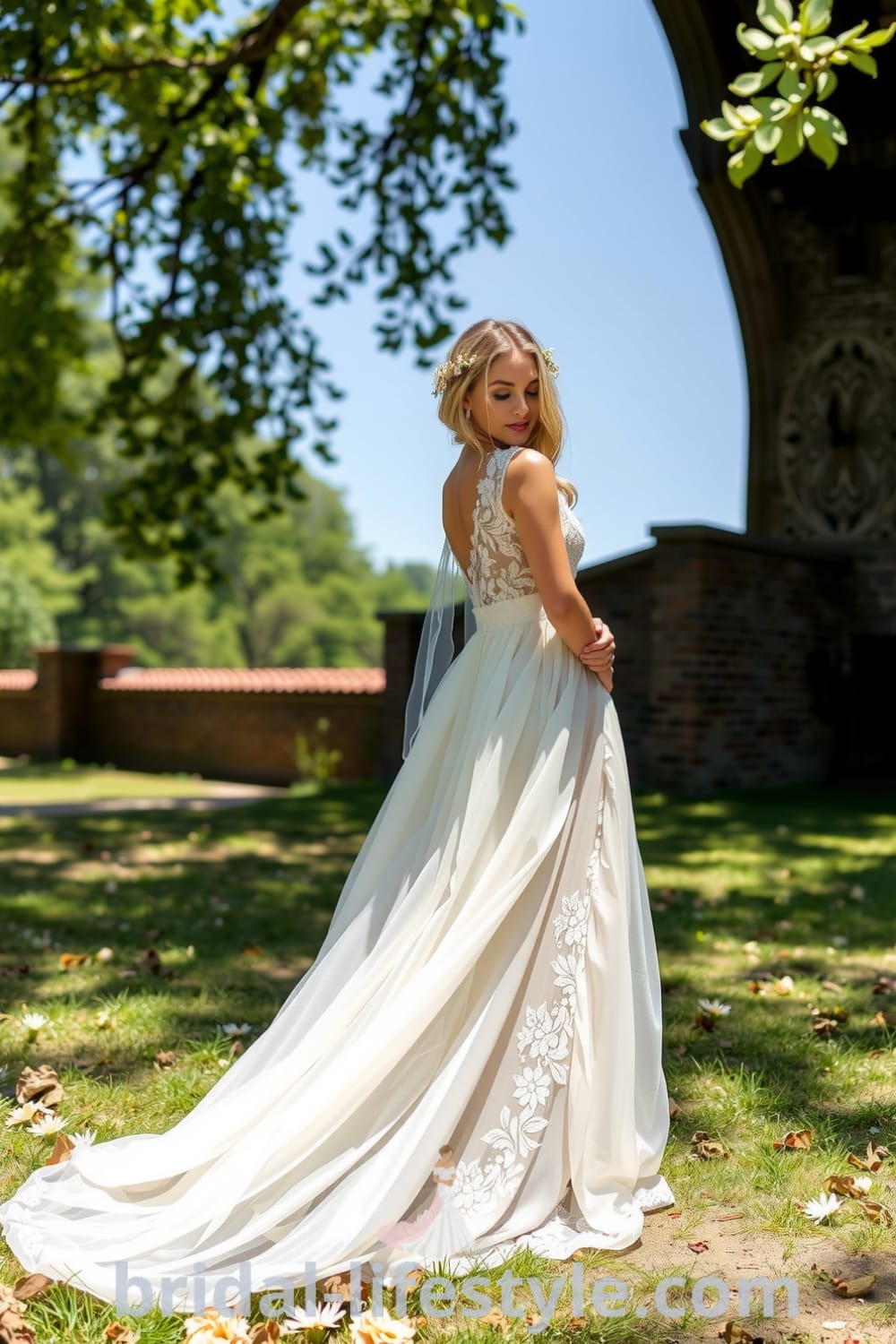 Boho floral wedding dress made of soft chiffon with lace appliqué on the bodice and sleeves, featuring a flattering A-line silhouette. bridal-lifestyle.com