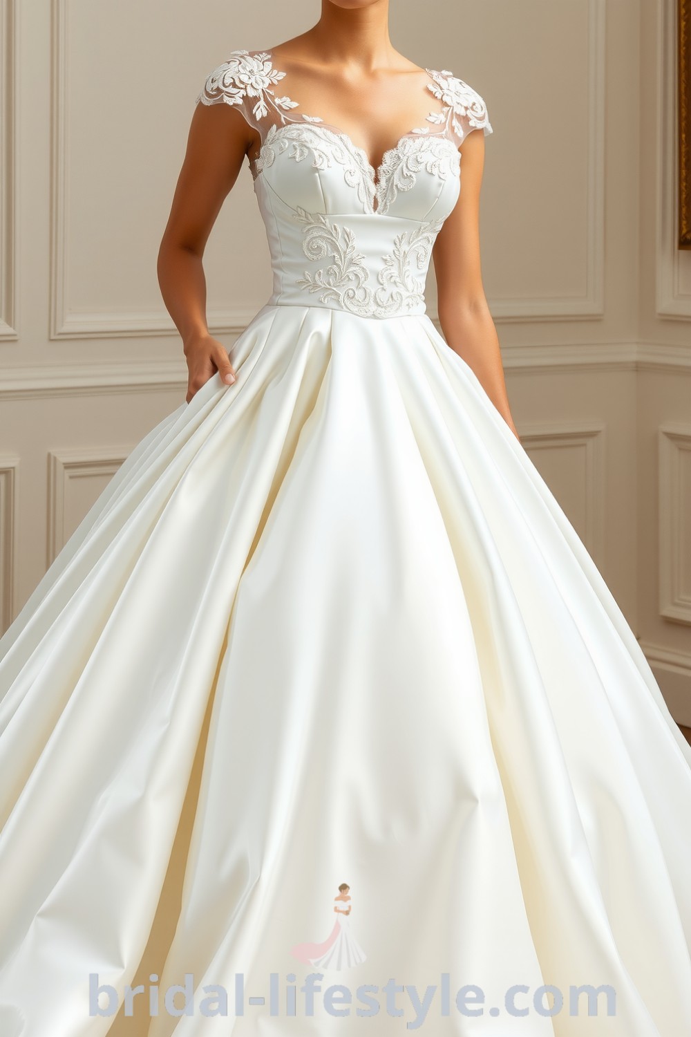 Elegant princess wedding dress with cascading satin and delicate lace, featuring a fitted bodice, voluminous ball gown skirt, and intricate embroidery. bridal-lifestyle.com