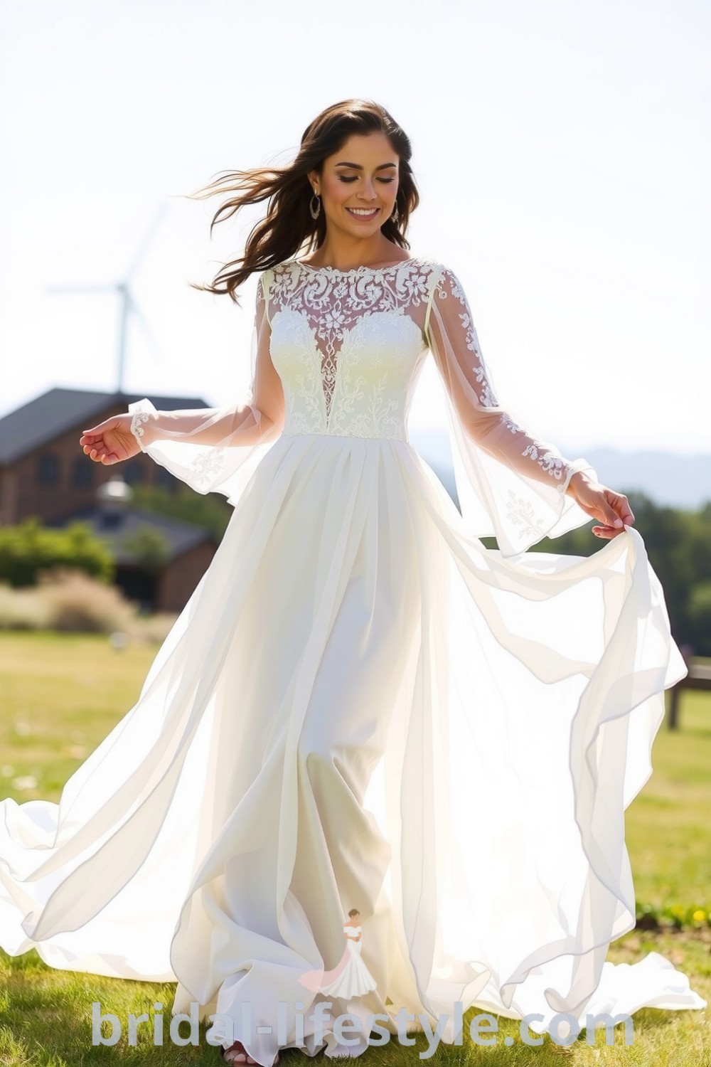 A radiant bride wearing a boho wedding dress made of lace and chiffon, featuring billowing sleeves, floral appliqués, and a flowing train, perfect for a dreamy outdoor ceremony. bridal-lifestyle.com