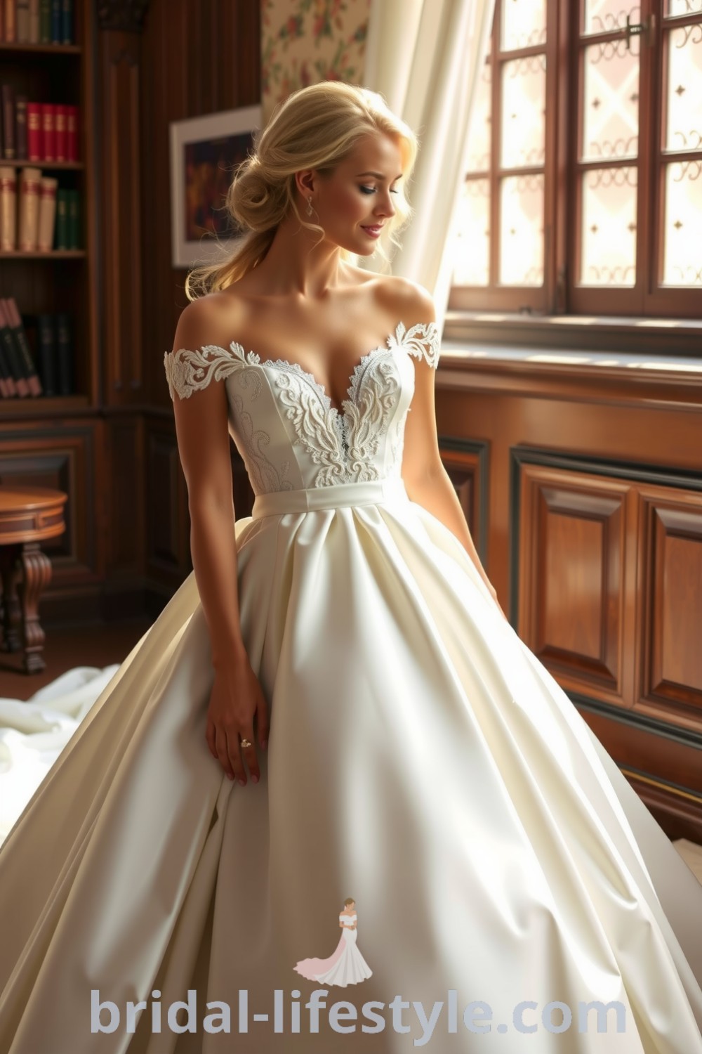 An elegant ivory satin princess ballgown with a sweetheart neckline, intricate lace appliqués, and a voluminous skirt, creating a romantic fairytale silhouette. bridal-lifestyle.com