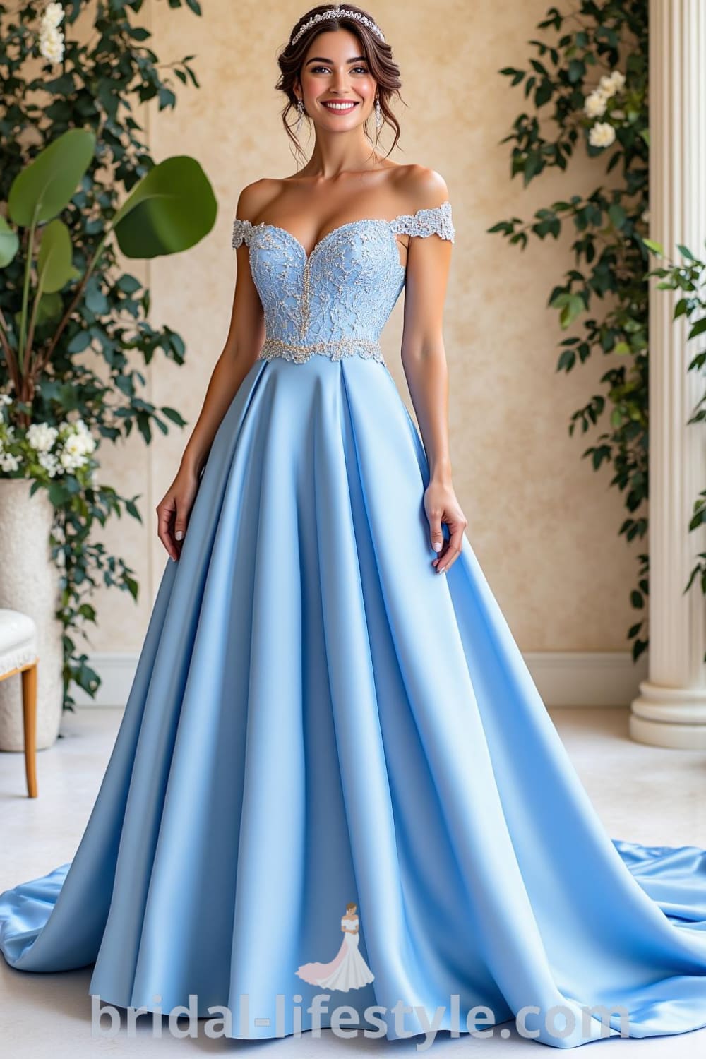 Princess Blue wedding dress with luxurious satin skirt, intricate lace bodice, delicate beading, off-the-shoulder neckline, and sweeping train. bridal-lifestyle.com