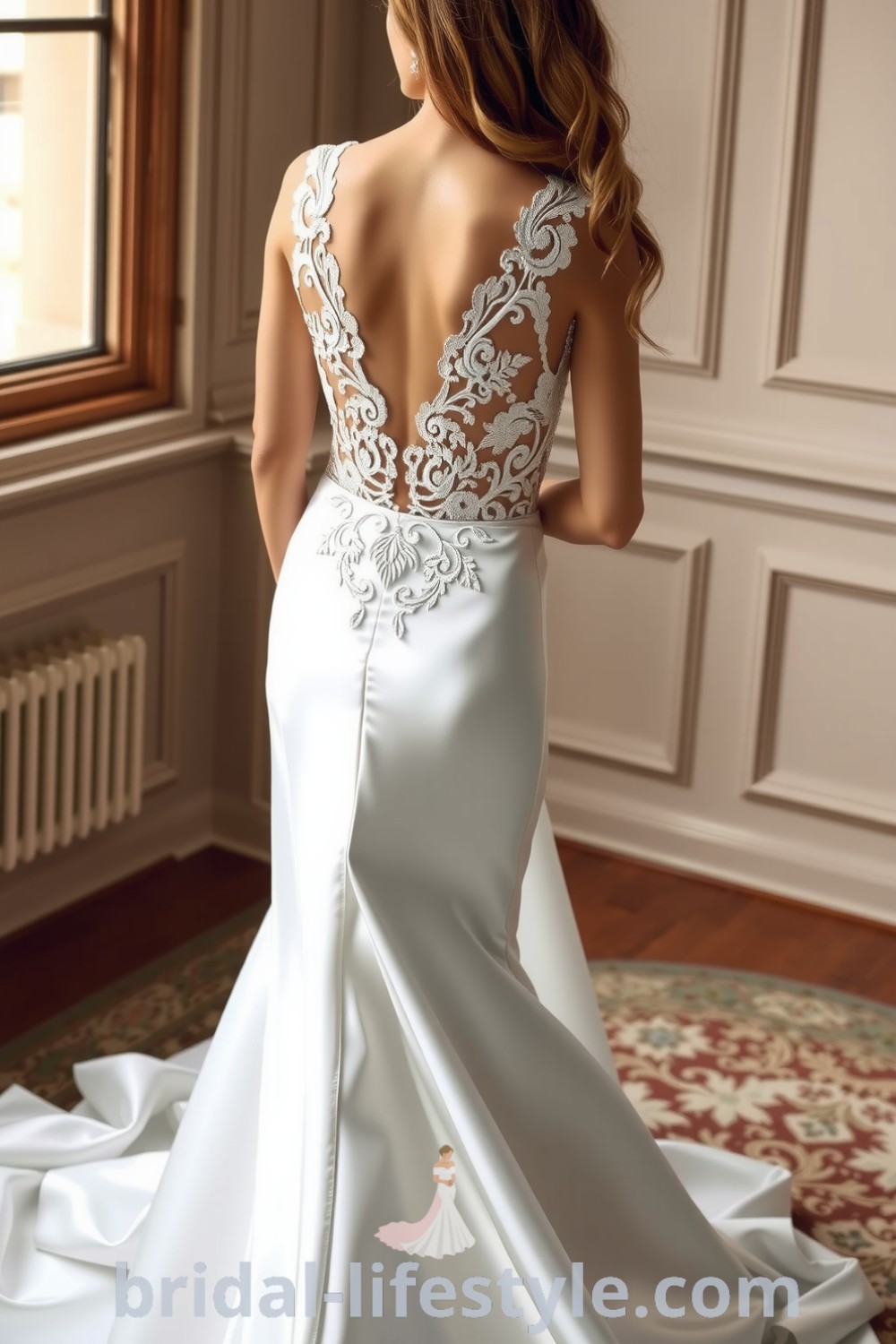 Fit and flare wedding dress with delicate lace bodice, flowing satin skirt, and open back showcasing intricate lace detailing. bridal-lifestyle.com
