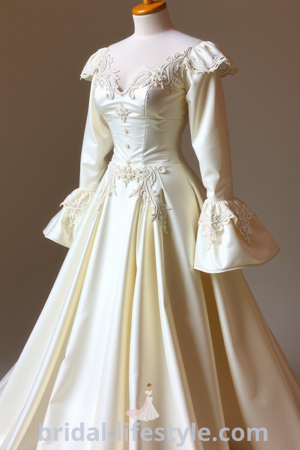 Victorian wedding dress with fitted bodice, intricate lace detailing, pearl embellishments, voluminous satin skirt, and bell-shaped sleeves, perfect for romantic ceremonies. bridal-lifestyle.com