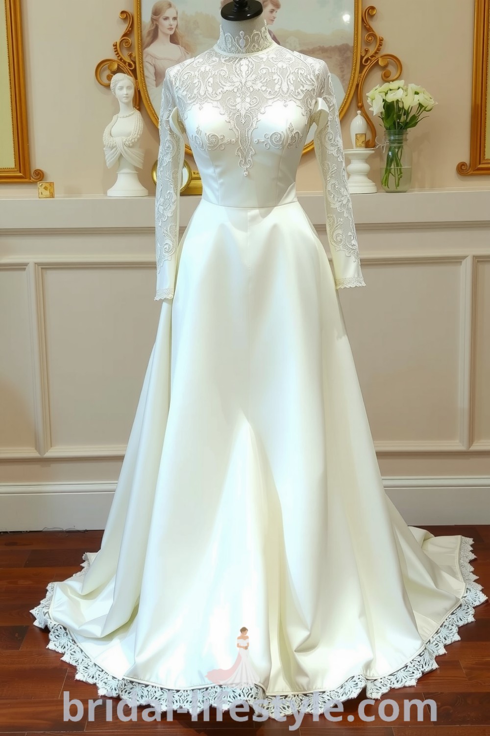A captivating vintage Victorian wedding dress featuring a fitted lace bodice, flowing satin A-line skirt, long lace sleeves, and a subtle train, perfect for dreamy brides. bridal-lifestyle.com