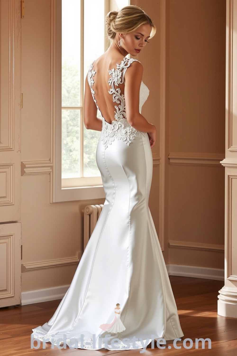 Elegant mermaid wedding dress made of luxurious satin with an open back design and intricate lace detailing, perfect for dreamy brides on their special day. bridal-lifestyle.com